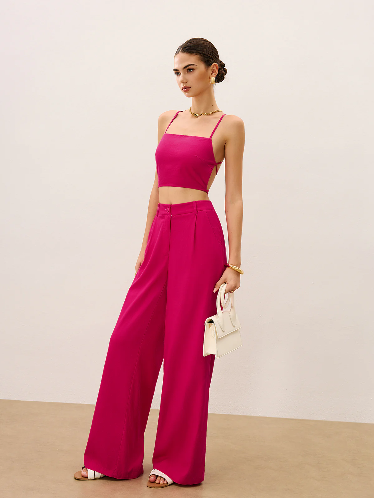 Tie-Back Top and Wide-Leg Pants Set - Wholesalesil