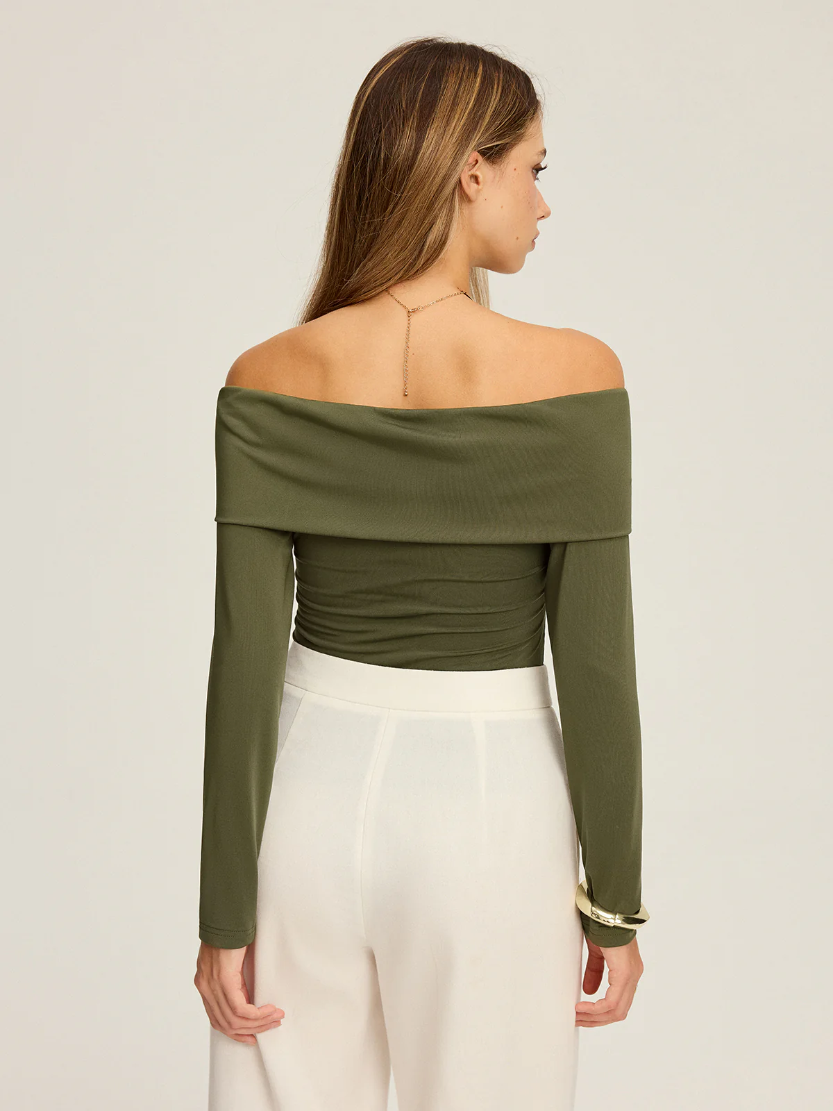 Metal Detail Off-Shoulder Long Sleeve Blouse - Wholesalesil