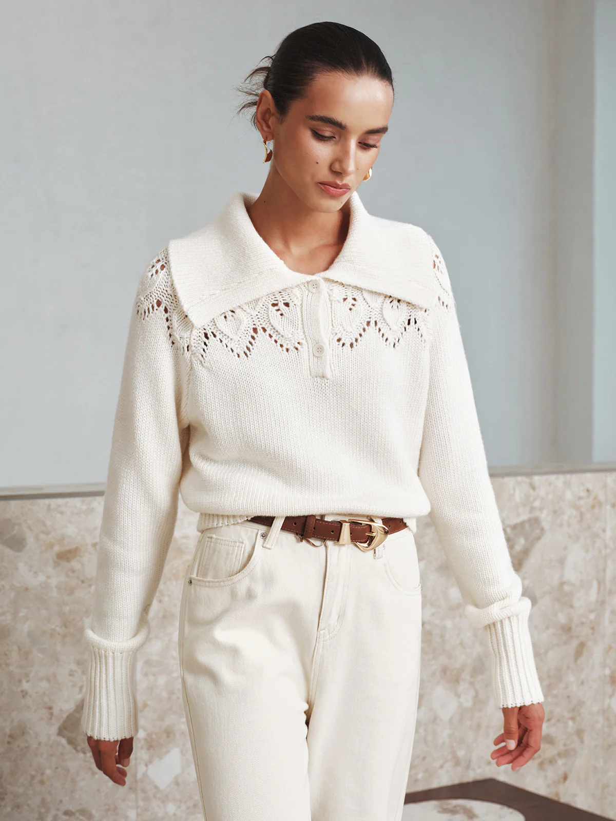 Eyelet Collared Knit Sweater - Wholesalesil