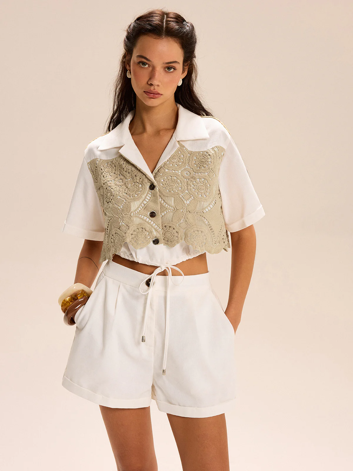 Lace-paneled Cropped Shirt Shorts Set - Wholesalesil