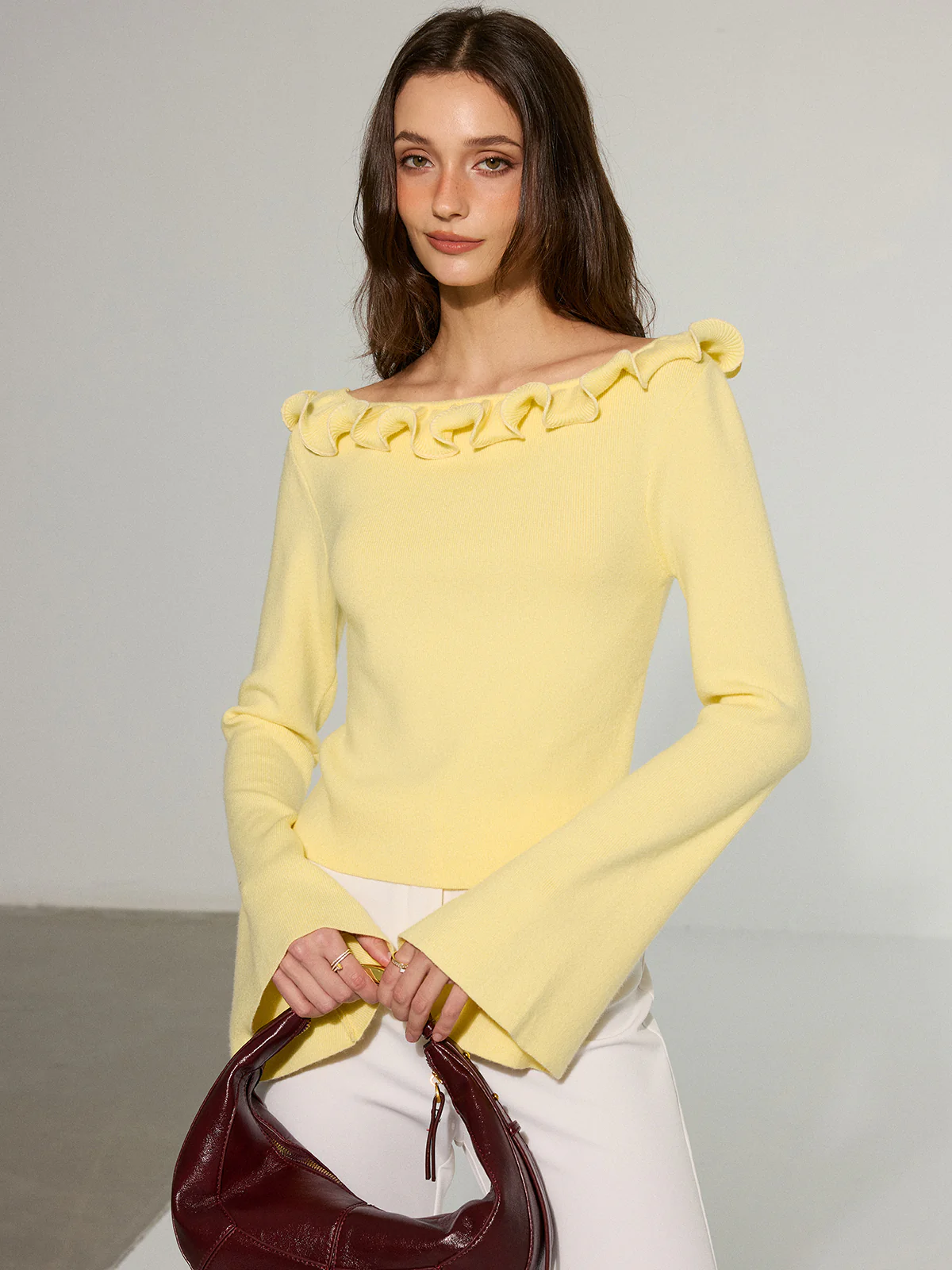 Off-Shoulder Ruffled Collar Flared Sleeve Sweater - Wholesalesil