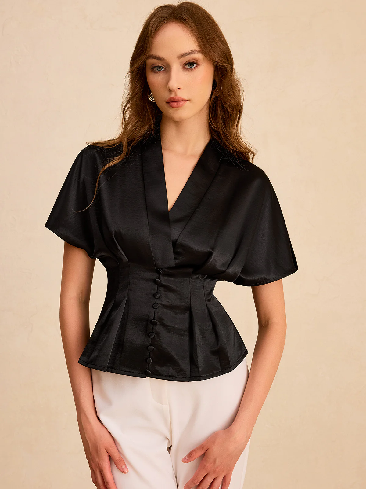 Satin Pleated Button Peplum Top - Wholesalesil