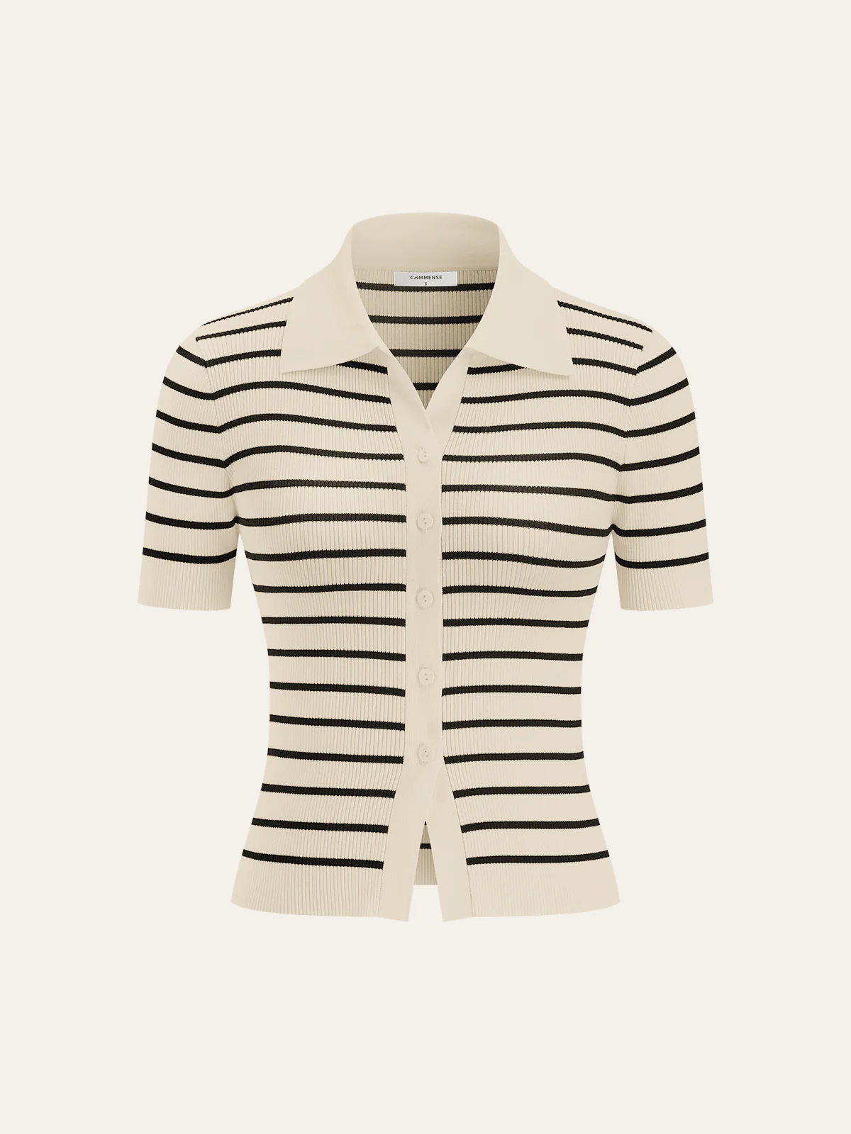 Striped Short-Sleeve Polo Collar Knit Cardigan - Wholesalesil