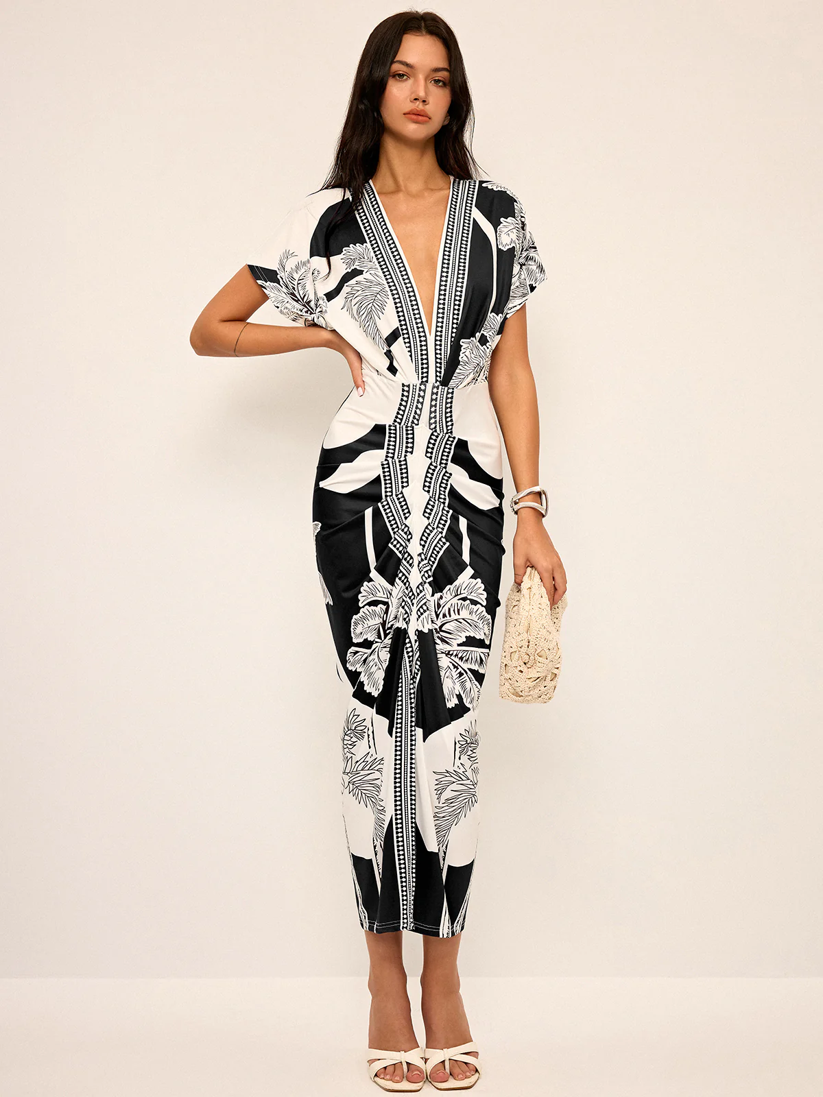 Printed Deep V-Neck Midi Dress Without Belt - Wholesalesil