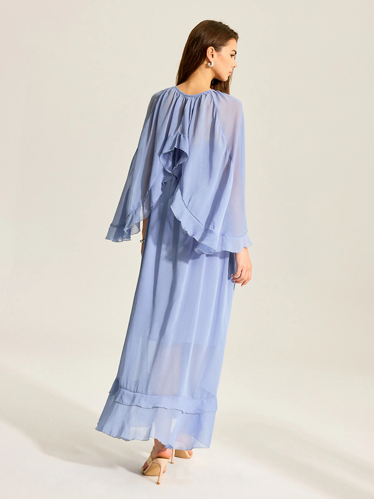 Semi-Sheer Cape Two-Piece Ruffled Chiffon Dress - Wholesalesil
