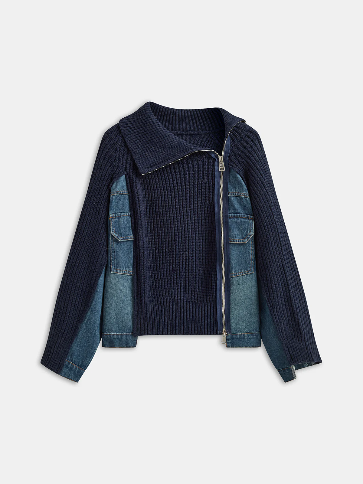 Asymmetric Zip Denim Panel Knit Cardigan - Wholesalesil