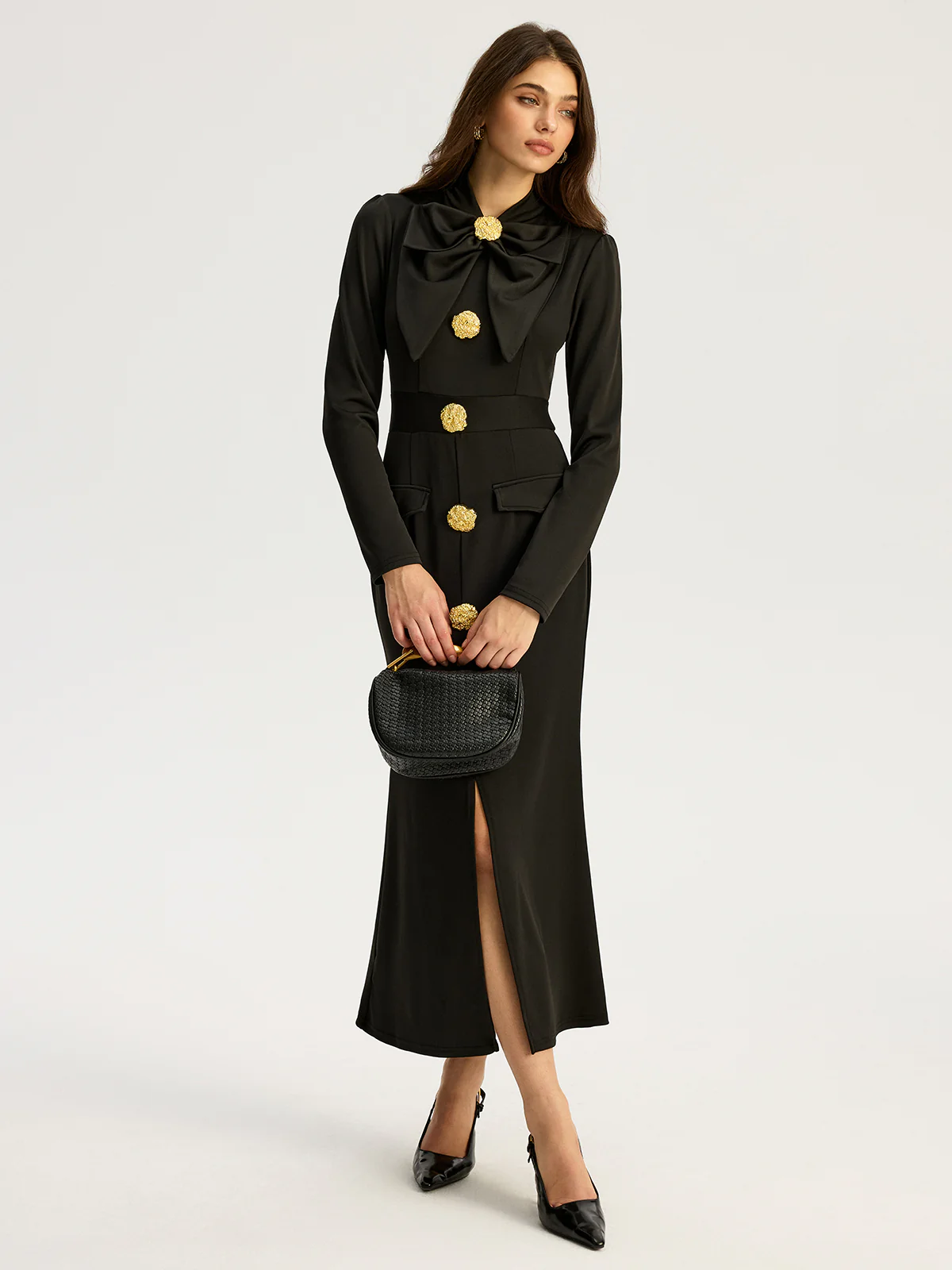 Bow-collar Long-Sleeved Dress with Metal Button - Wholesalesil