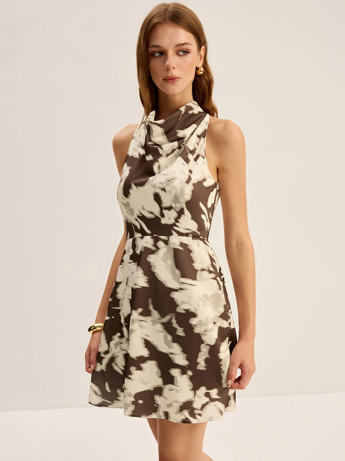 Blurry Print Cowl Neck Mini Dress - Wholesalesil