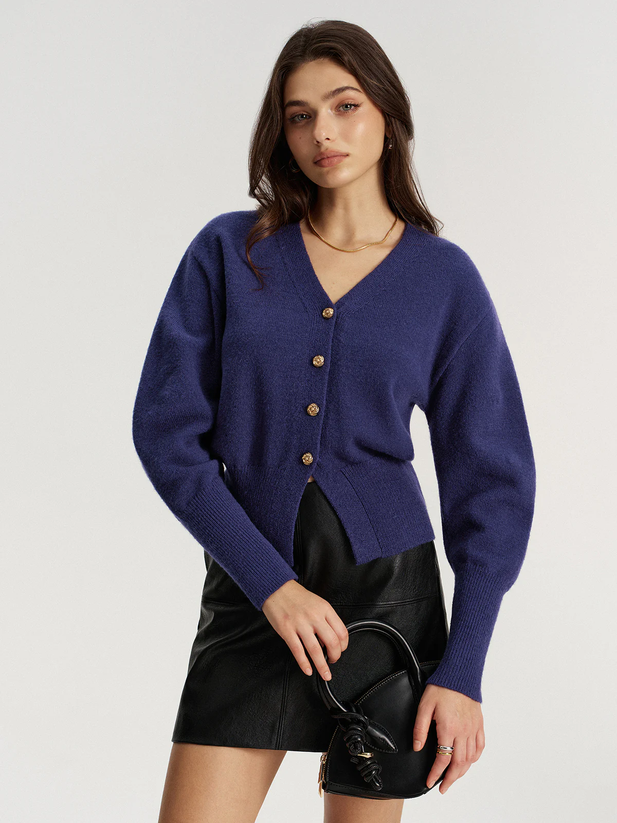 Metal Button V-Neck Knit Cardigan - Wholesalesil