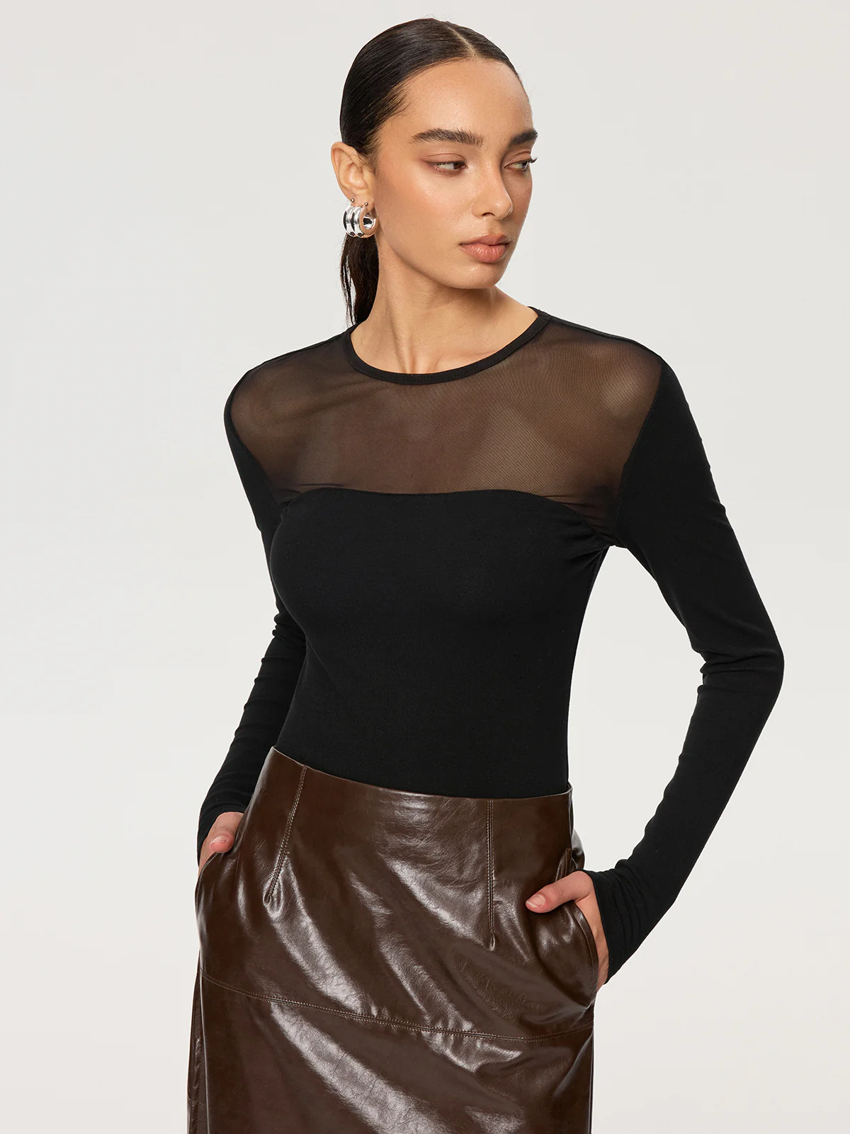 Sheer Panel Long Sleeve T-Shirt - Wholesalesil
