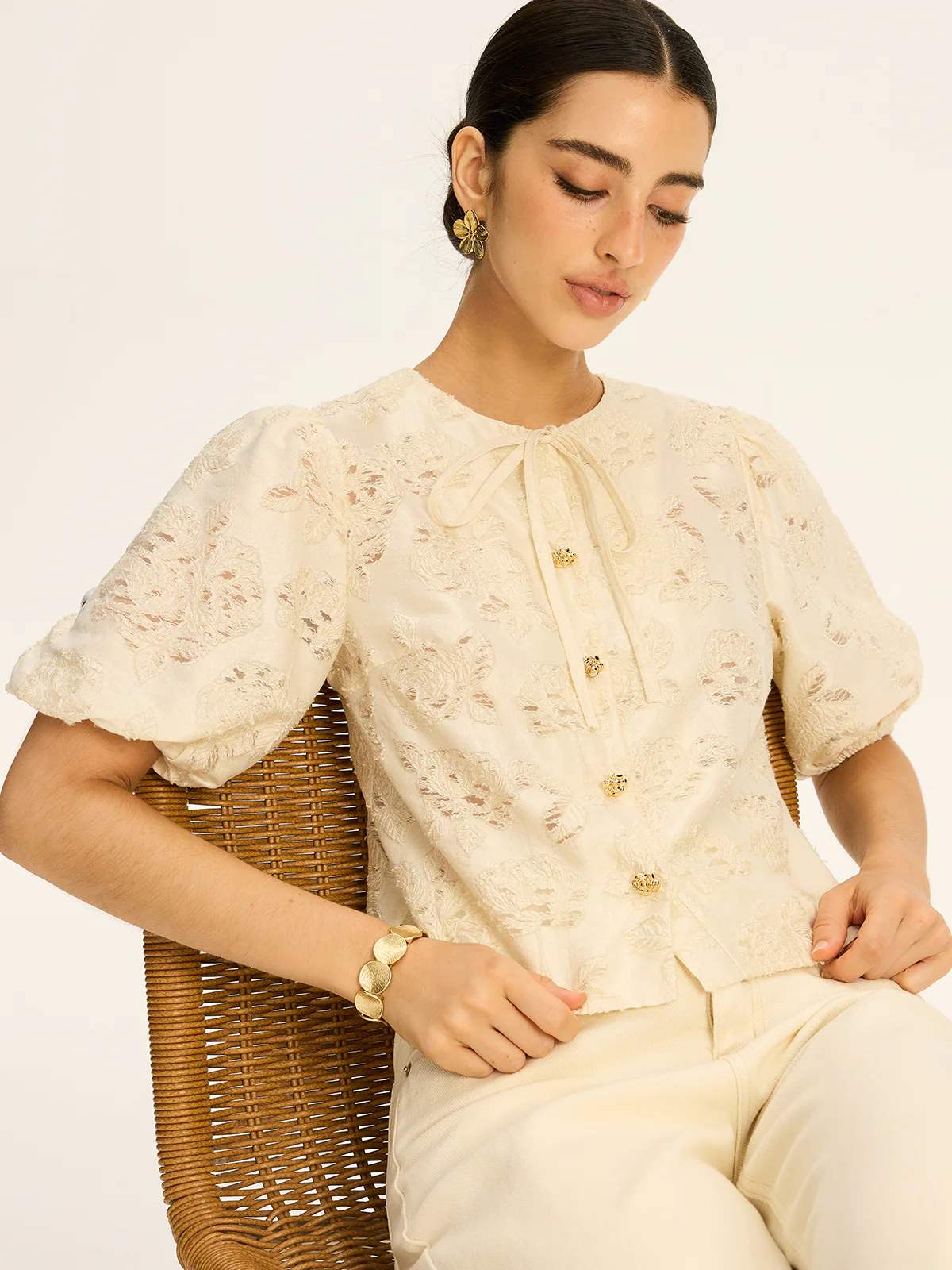 Semi-Sheer Jacquard Metal Button Cotton-Blend Top - Wholesalesil