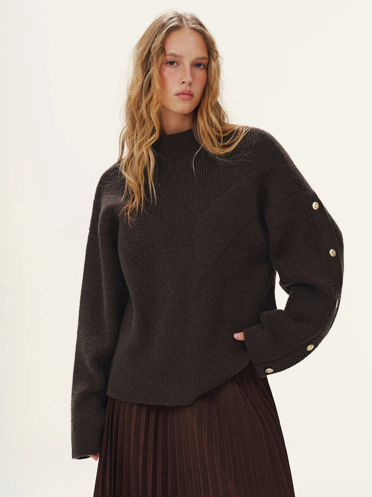 Button Detail Mock Neck Knit Sweater - Wholesalesil