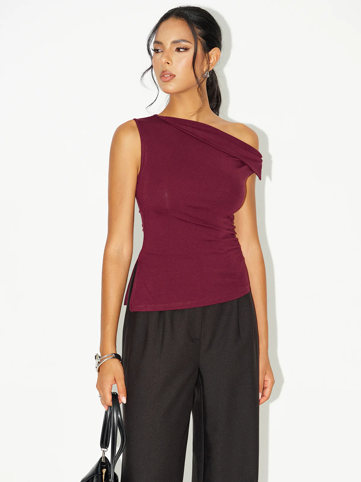 Asymmetric Off-Shoulder Ruched T-Shirt - Wholesalesil
