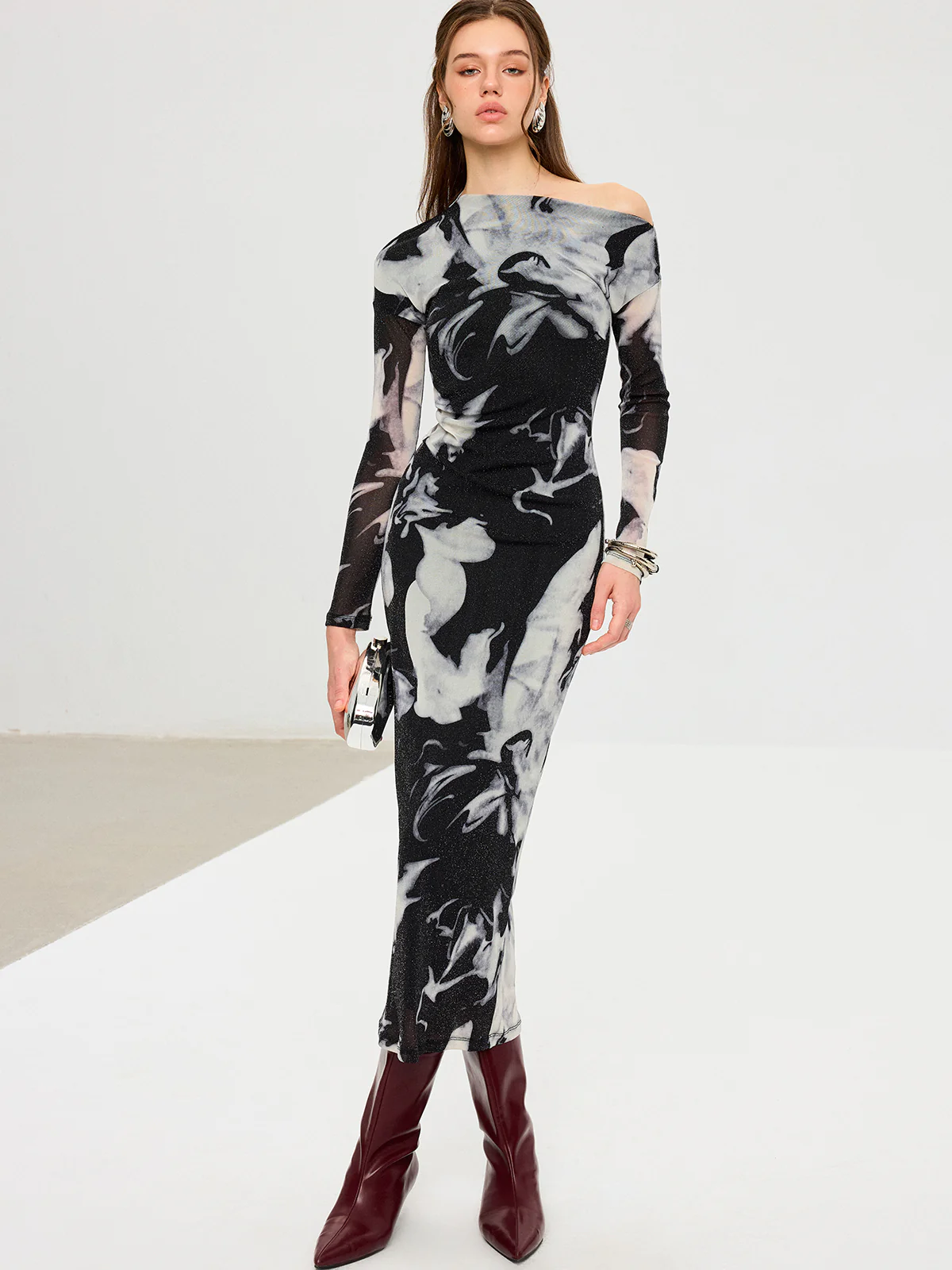 Abstract Print Mesh One-Shoulder Maxi Dress - Wholesalesil