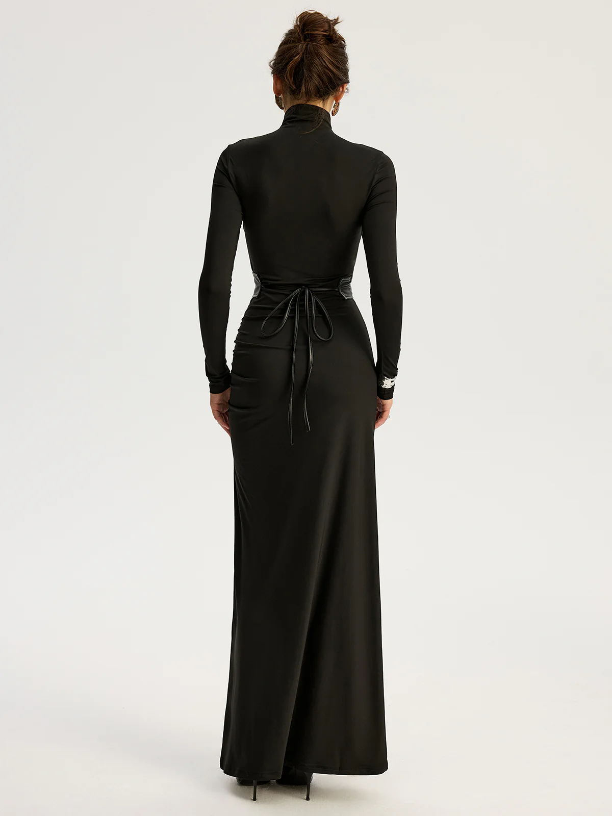 Belted High-Slit Turtleneck Maxi Dress - Wholesalesil