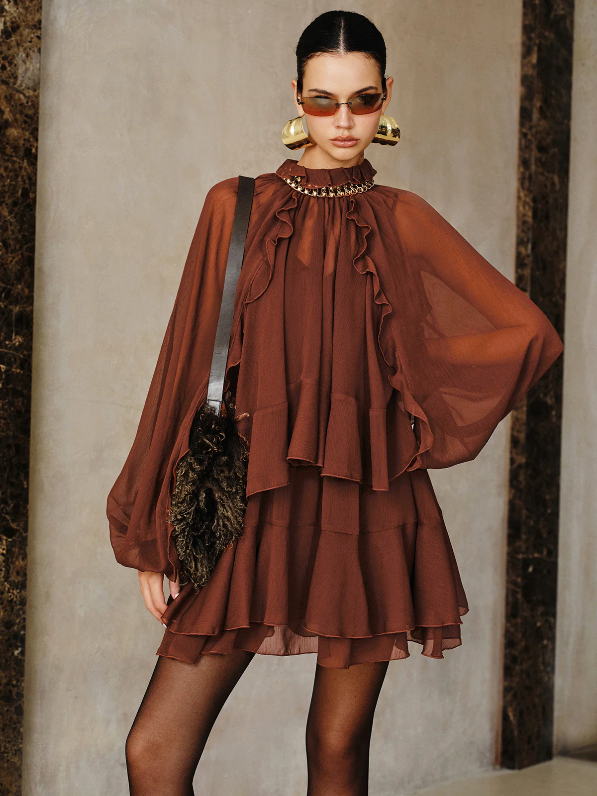 Tiered Ruffle Chiffon Mini Dress Set with Liner - Wholesalesil