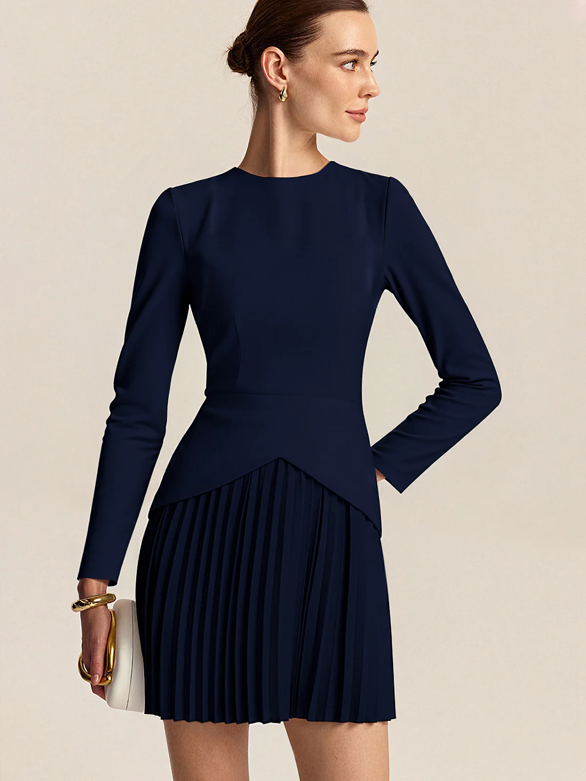 Long Sleeve Color-Block Pleated Dress - Wholesalesil