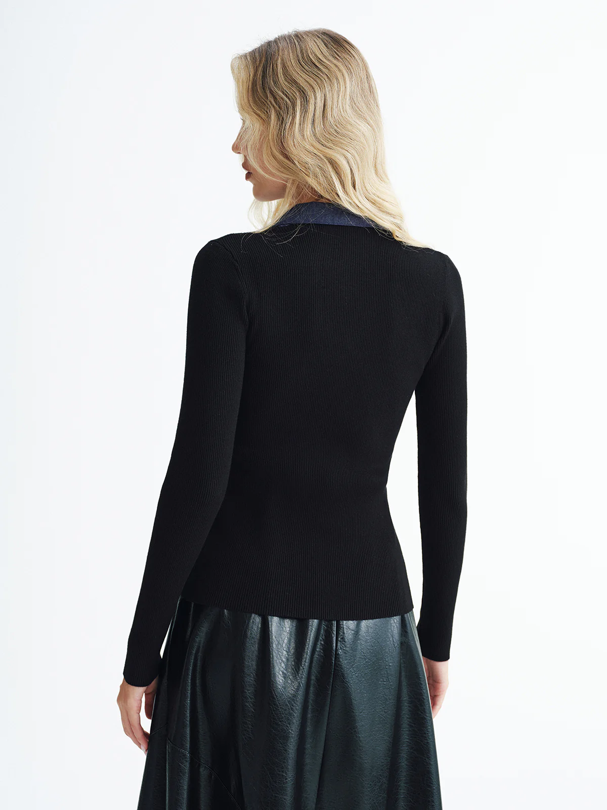 Denim Panel Ribbed Knit Cardigan - Wholesalesil