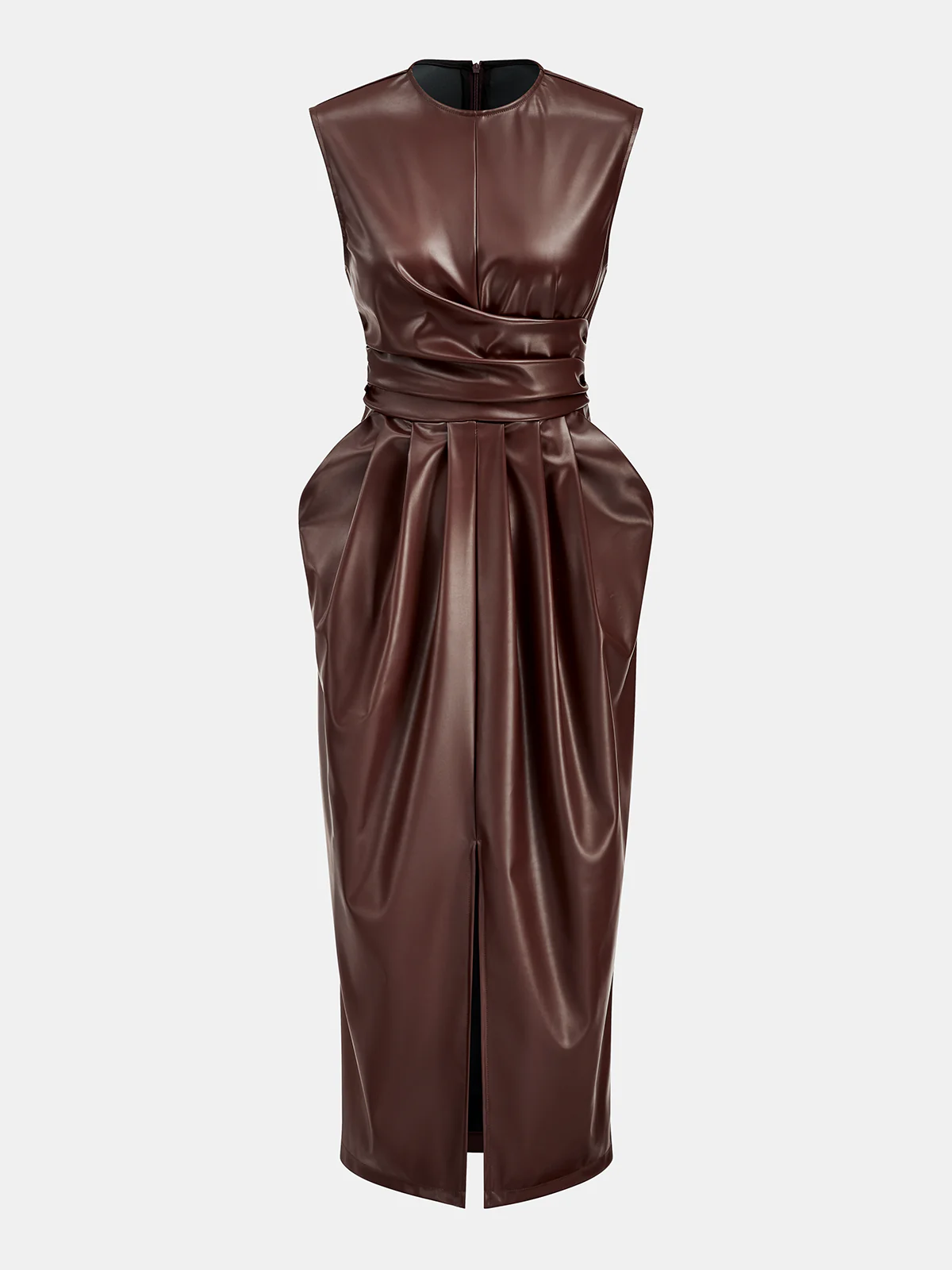 Sleeveless Slit PU Leather Draped Midi Dress - Wholesalesil