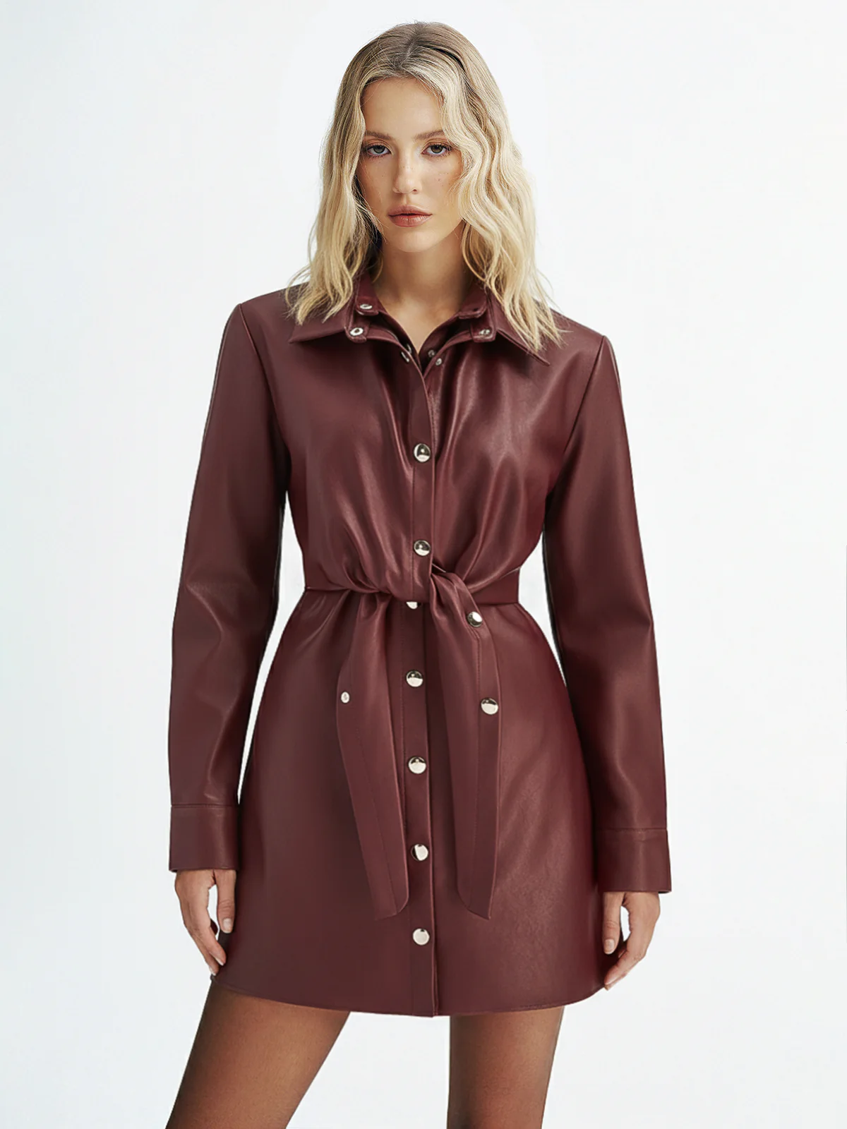 Double-Collar PU Leather Shirt Dress - Wholesalesil