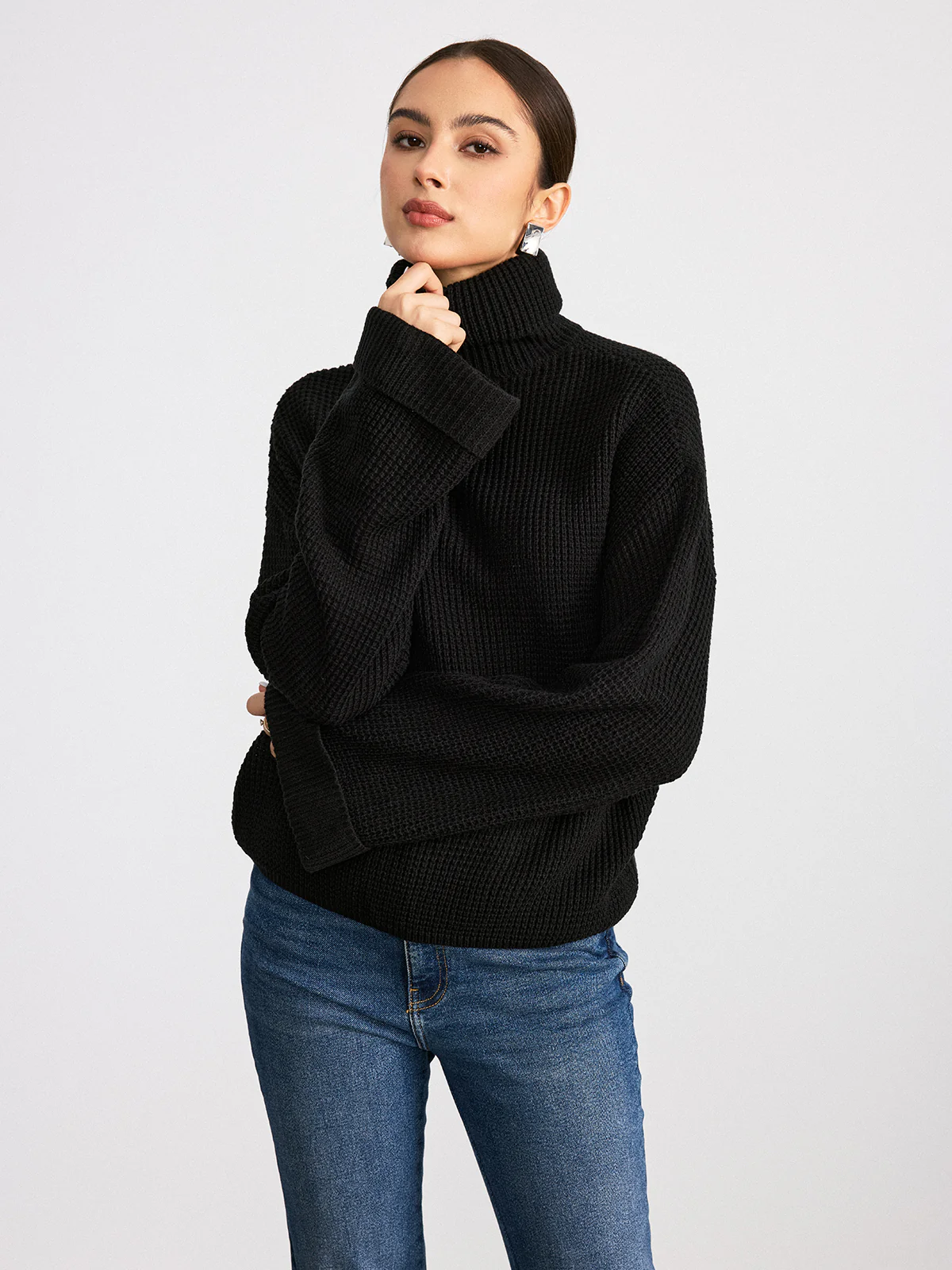 Turtleneck Waffle-Knit Long Sleeve Sweater - Wholesalesil