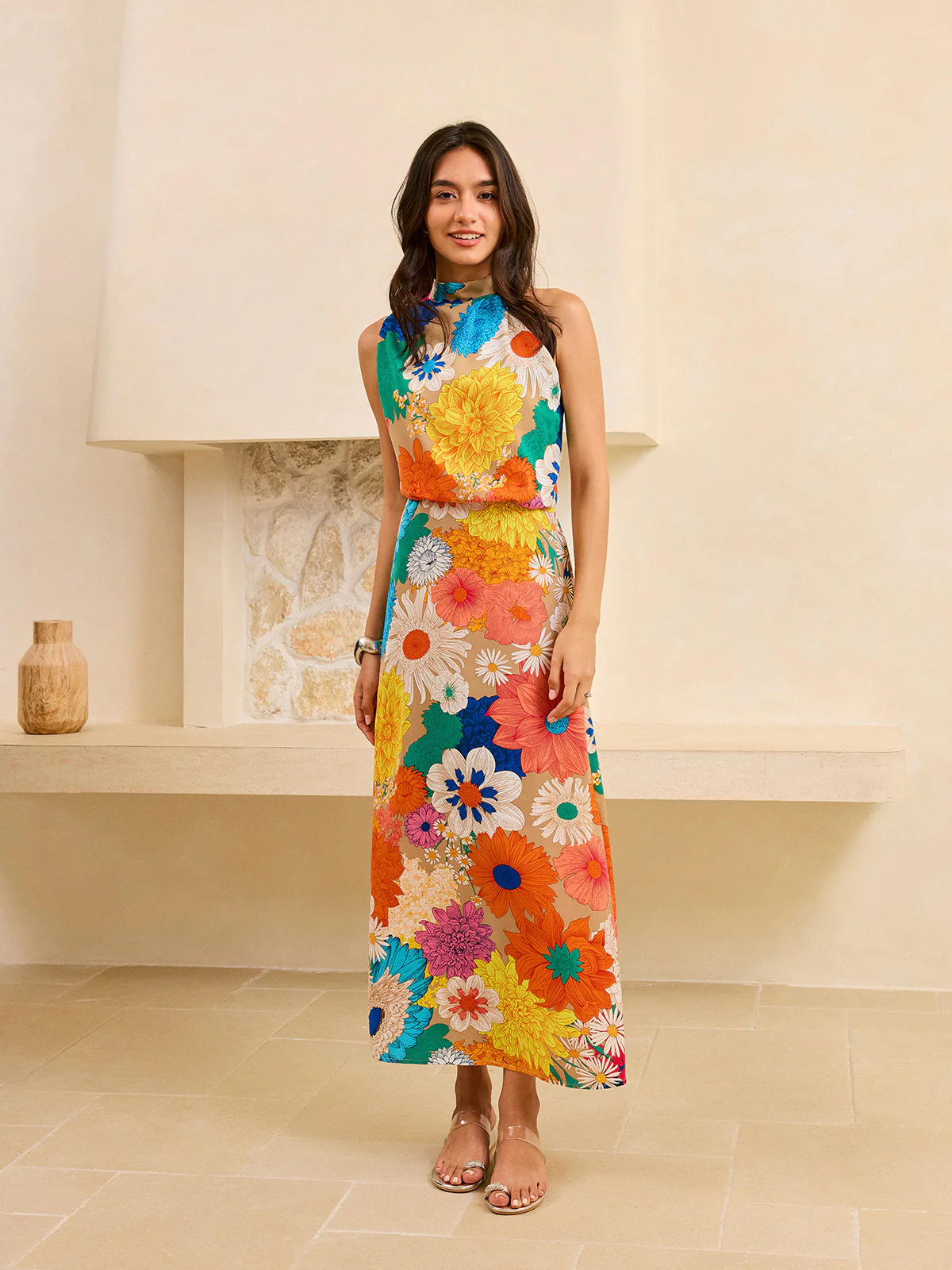 Floral Print Maxi Dress with Tie Back - Wholesalesil