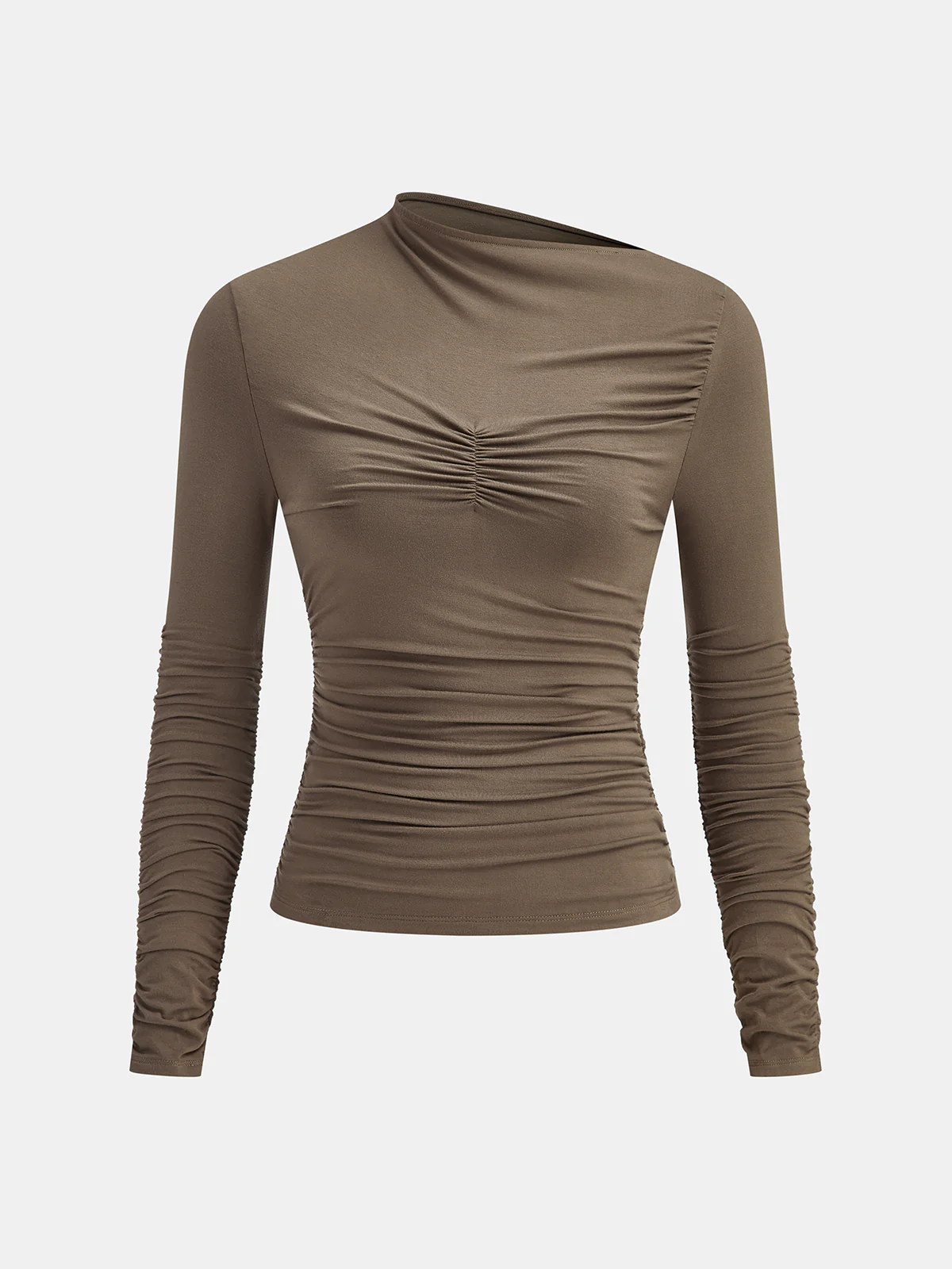 Asymmetric Neck Ruched Long Sleeve Top - Wholesalesil