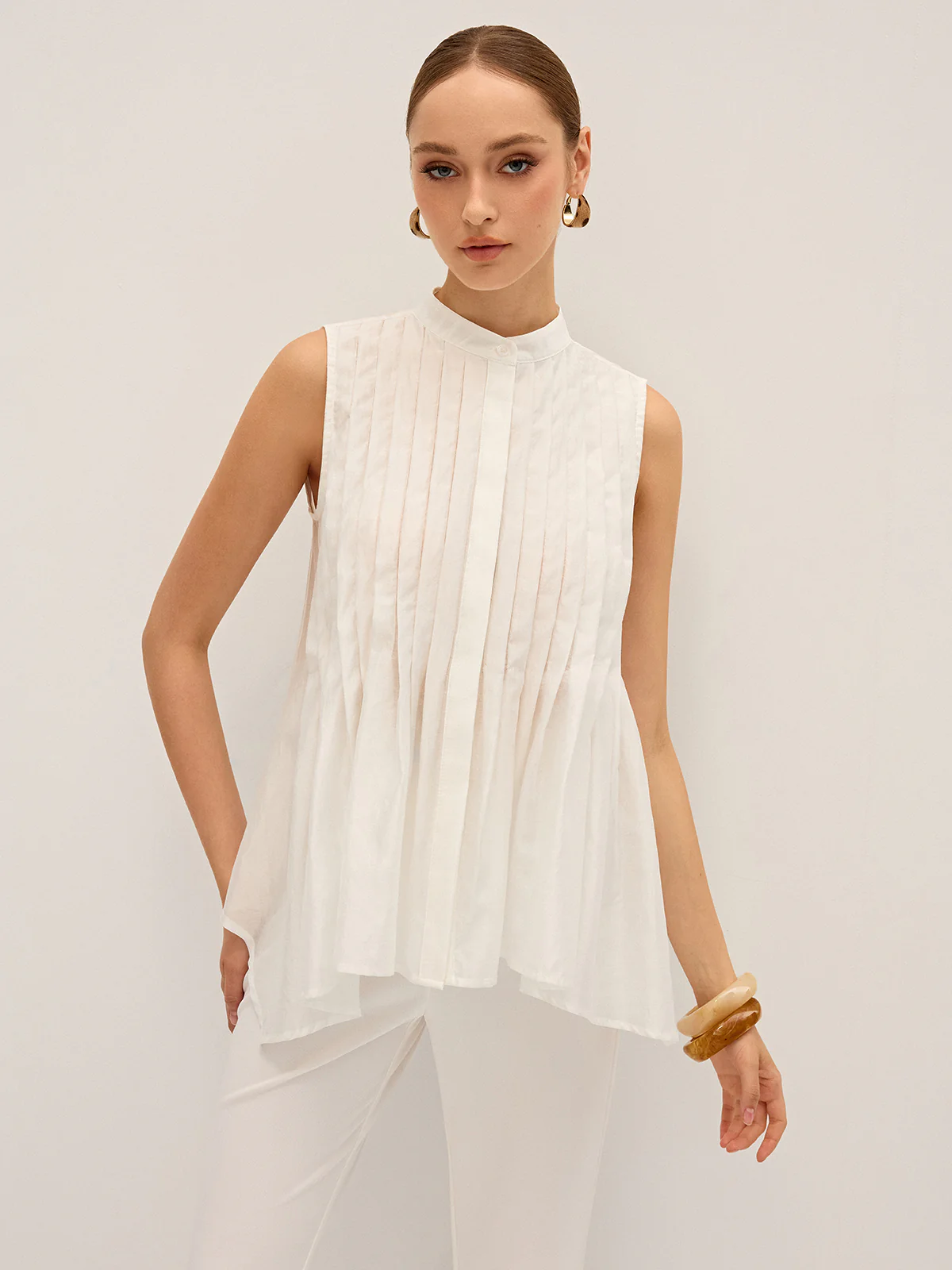 Semi-Sheer Pleated Mock Neck Blouse - Wholesalesil