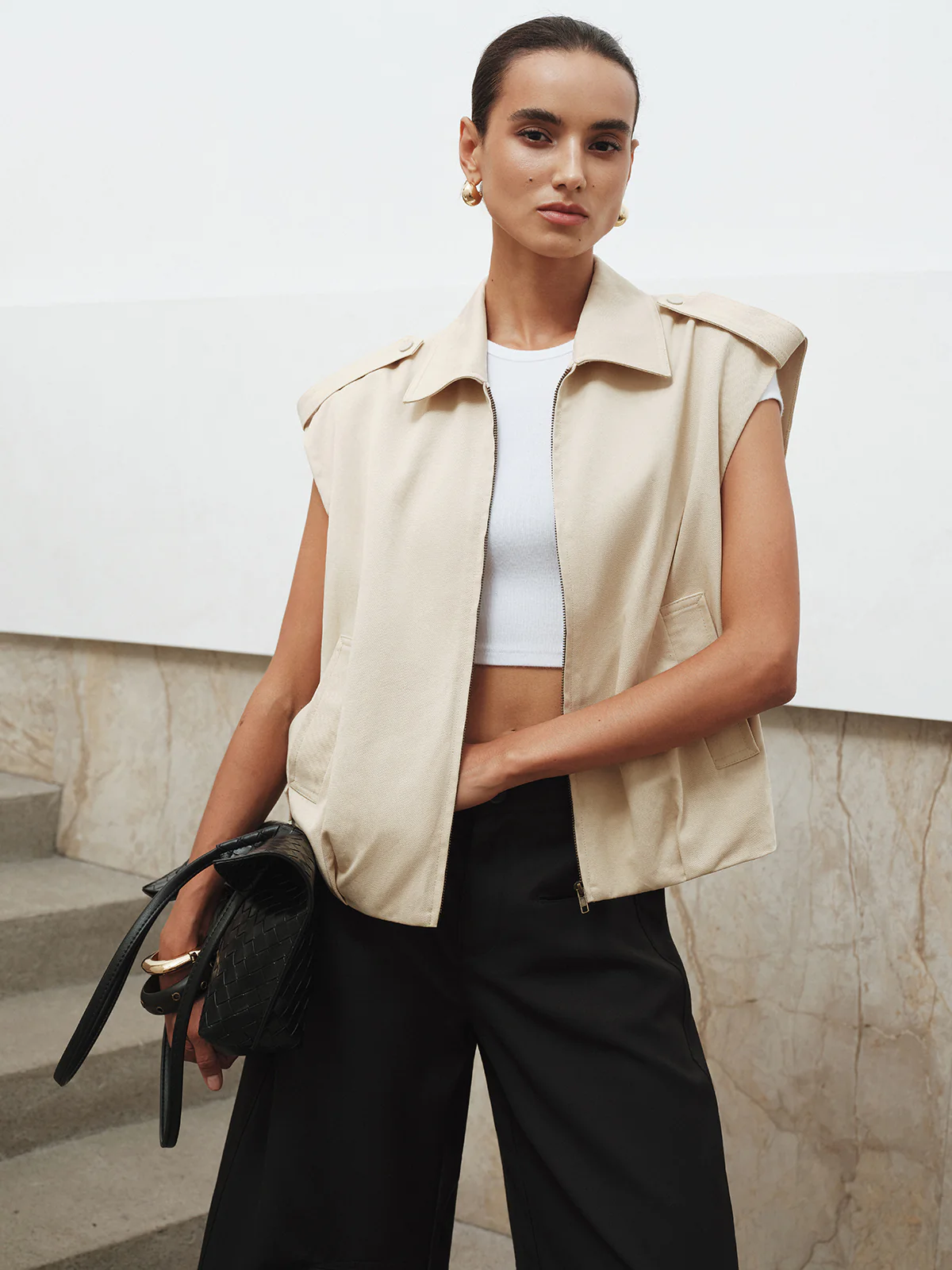 Collared Cap Sleeve Zip-Up Vest - Wholesalesil