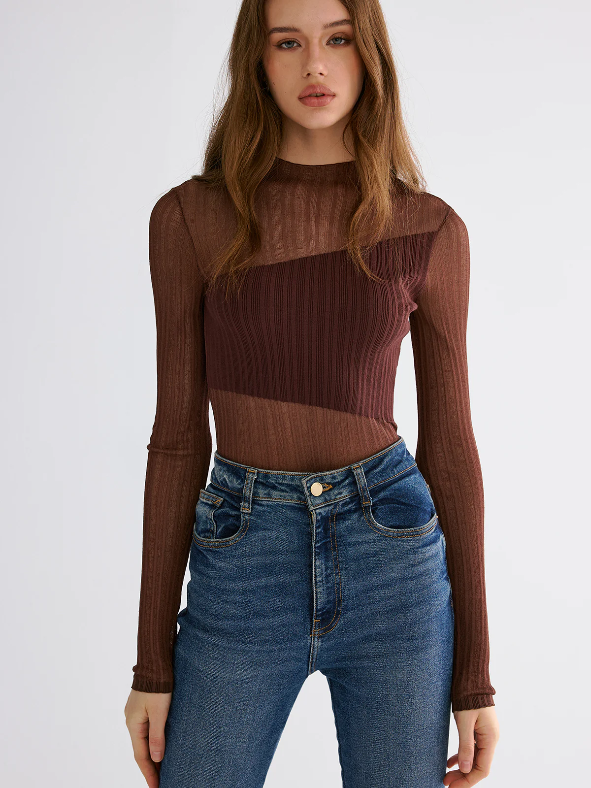 Mock Neck Contrast Mesh Top - Wholesalesil