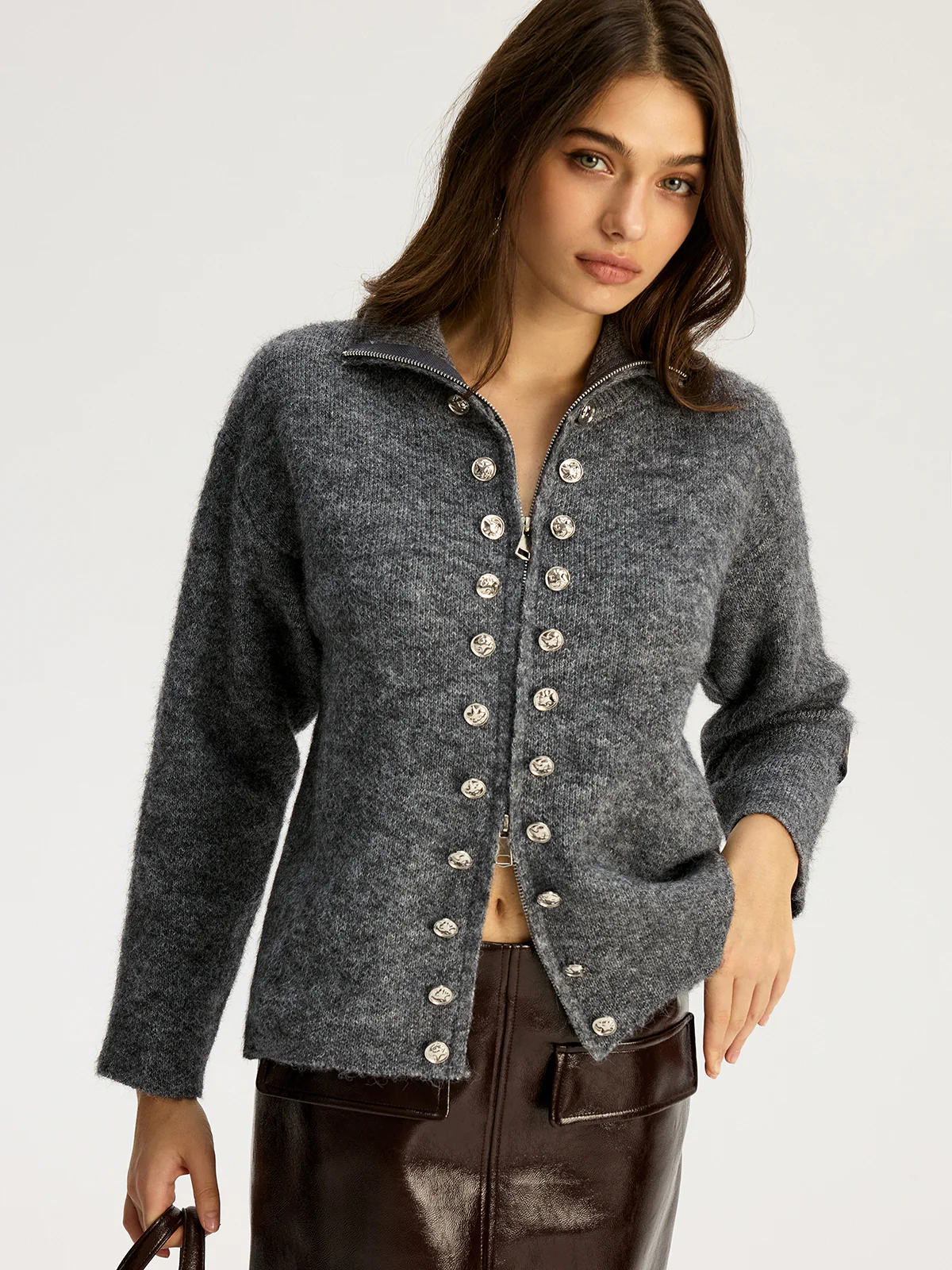 Double-breasted Stand-up Collar Zipper Cardigan - Wholesalesil