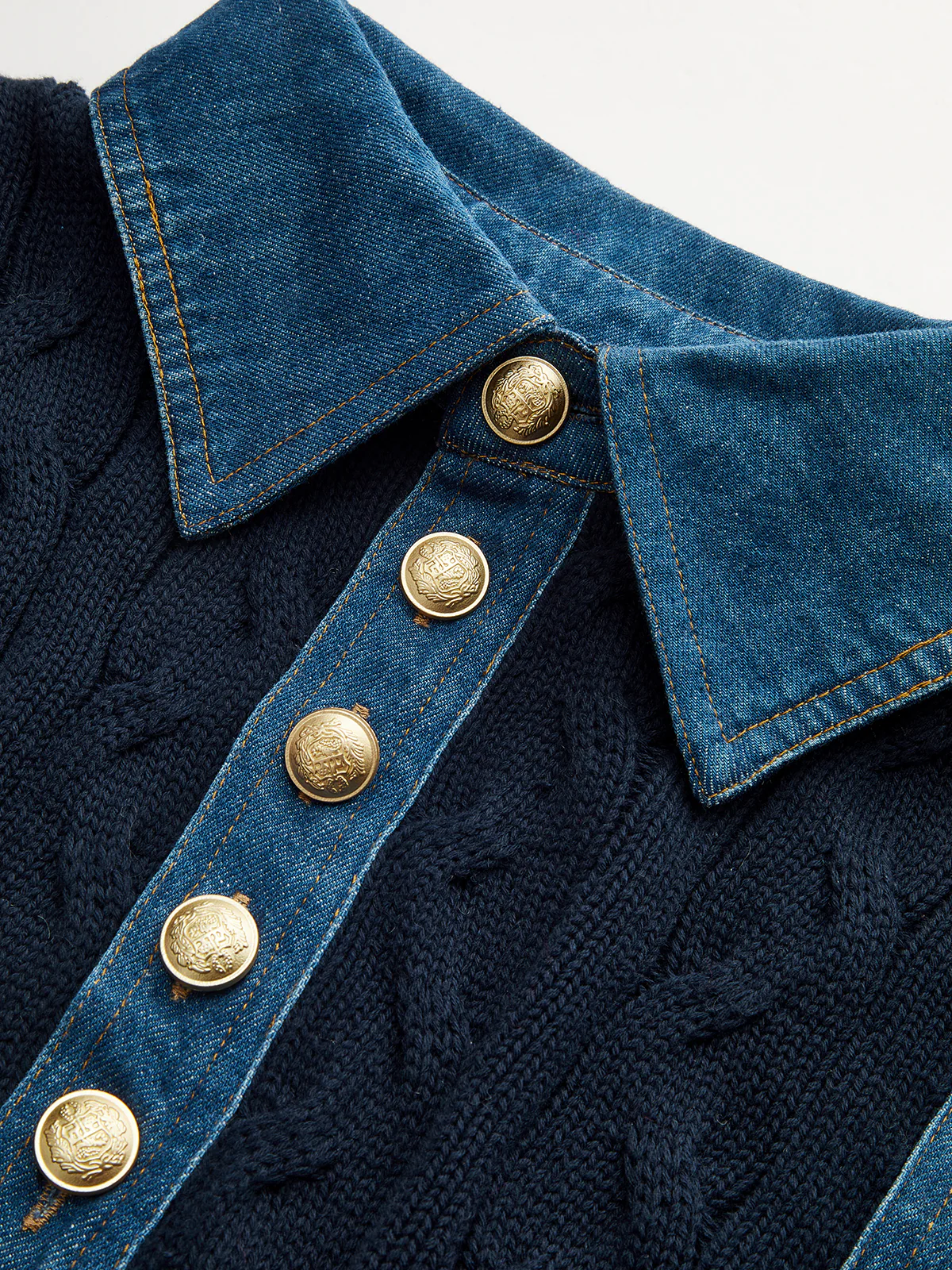 Denim Panel Polo Collar Cable Knit Sweater - Wholesalesil