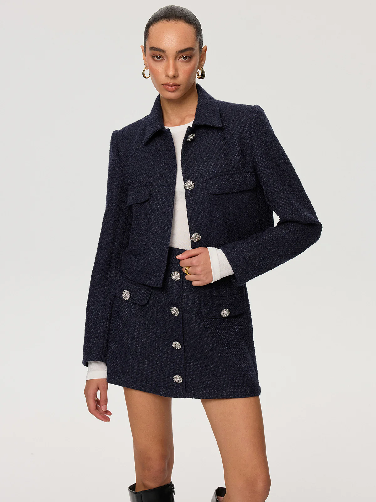 Metal Button Tweed Collared Jacket - Wholesalesil