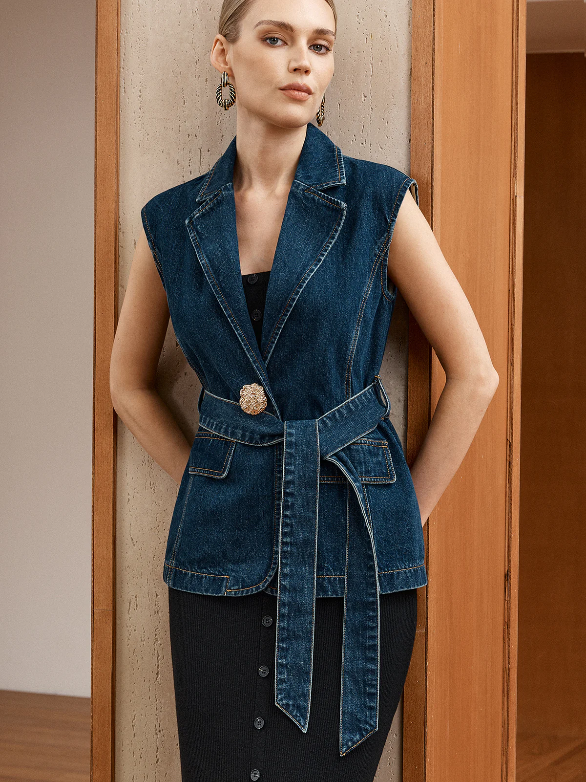 Denim Belted Blazer Vest - Wholesalesil
