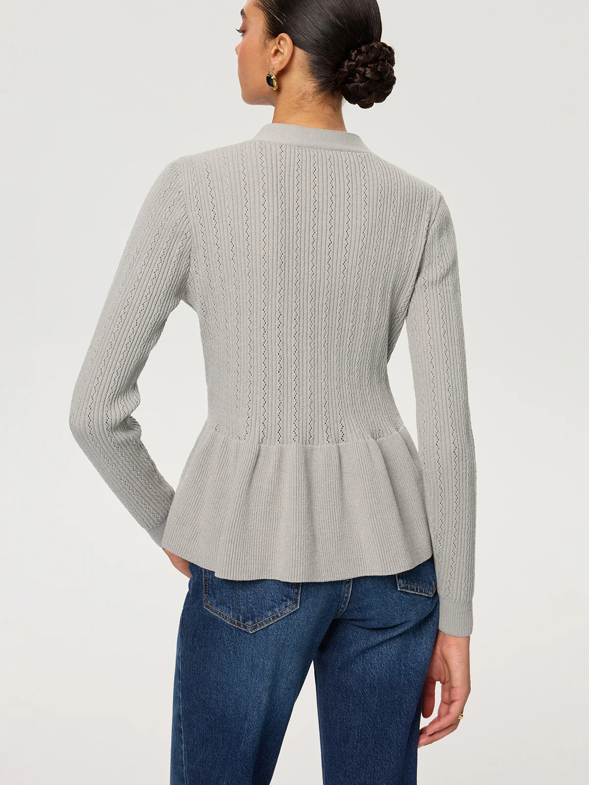 Metal Button V-Neck Peplum Knit Blouse - Wholesalesil