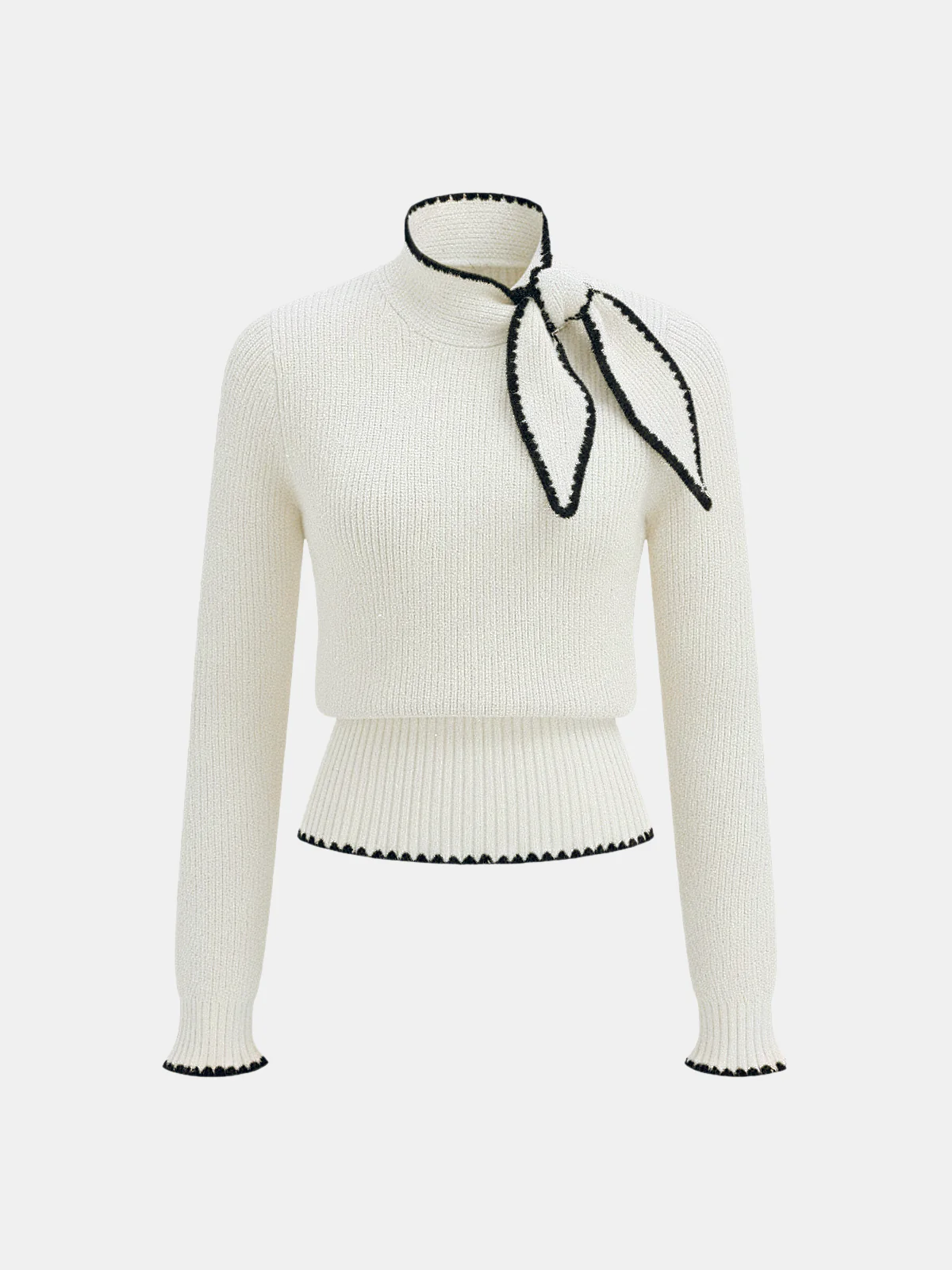 Mock Neck Tie Neck Contrast Stitch Sweater - Wholesalesil