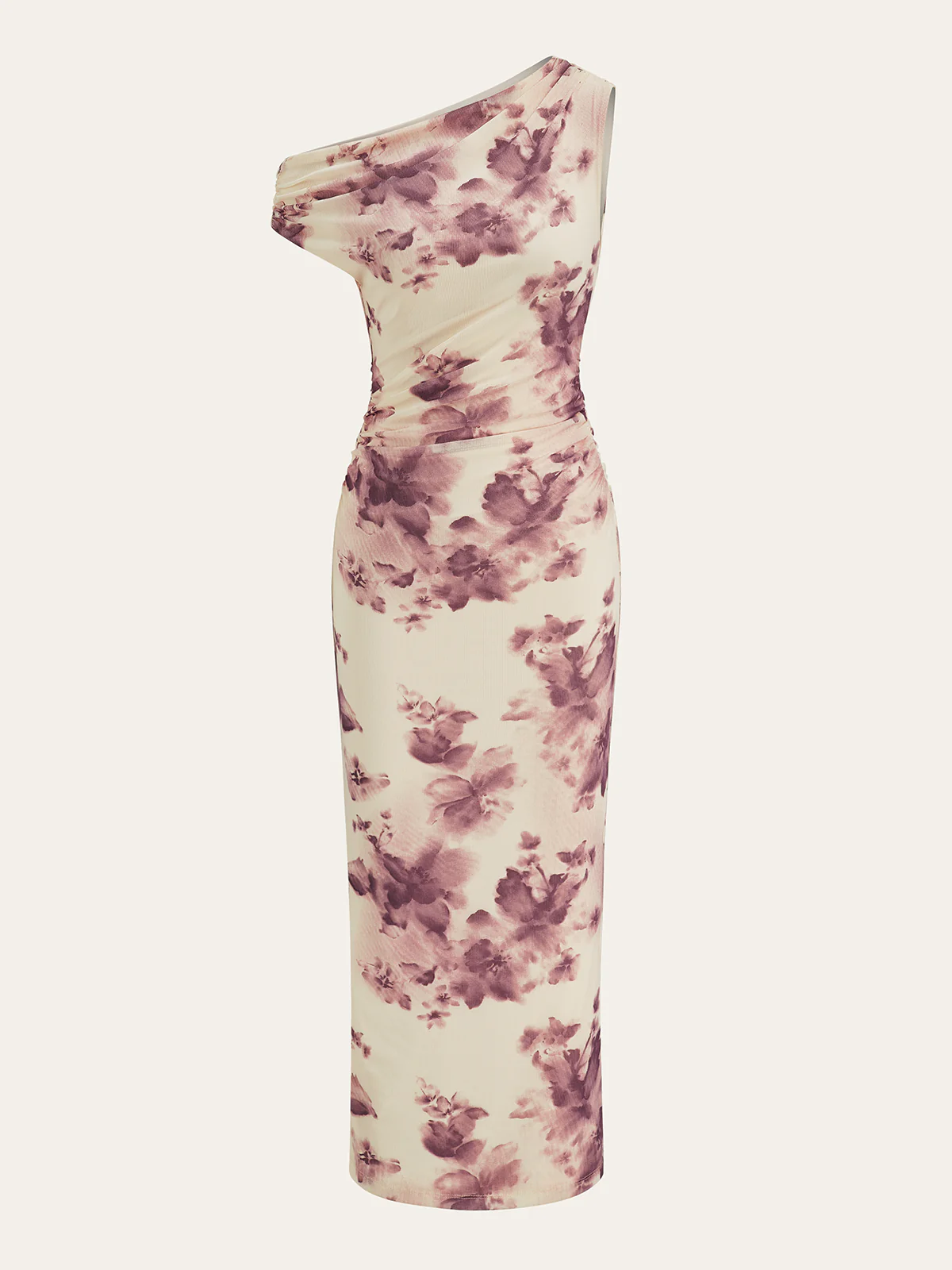 Semi-Sheer One-Shoulder Ruched Floral Print Midi Dress - Wholesalesil