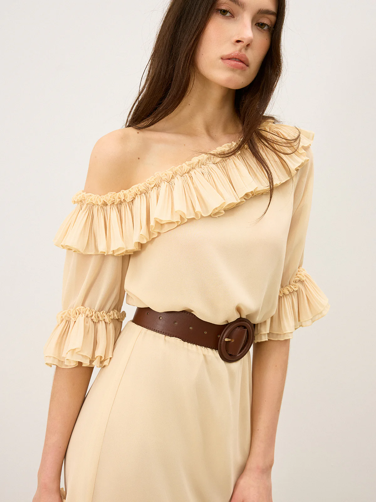 Semi-Sheer Chiffon One-Shoulder Ruffled Mini Dress - Wholesalesil