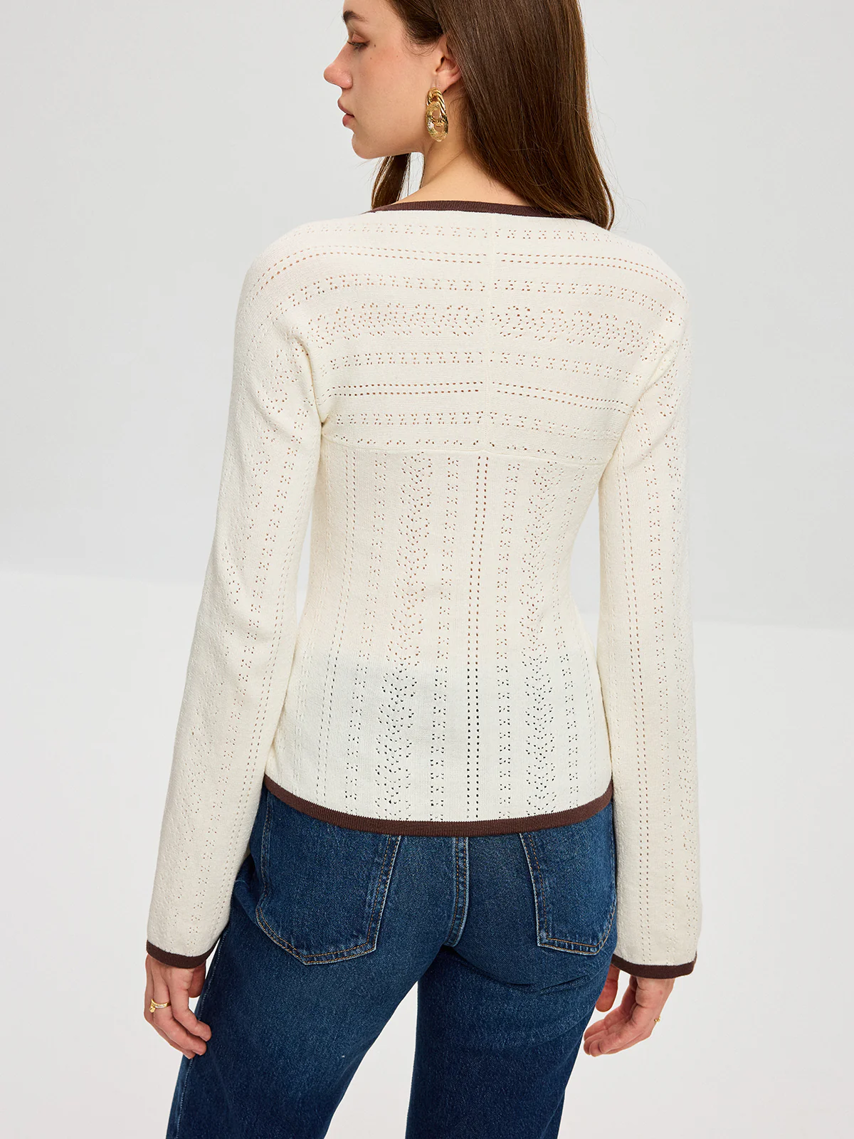 Square Neck Contrast Trim Eyelet Sweater - Wholesalesil