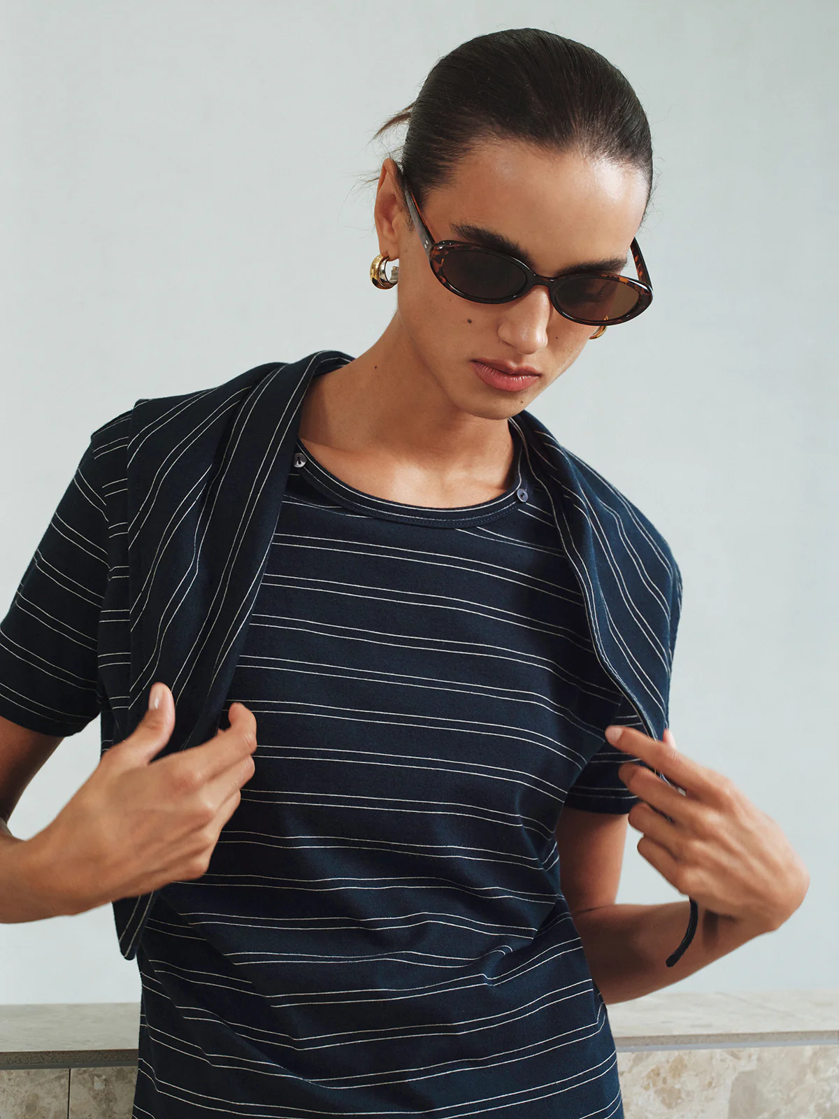 Striped Detachable Scarf Collar T-Shirt - Wholesalesil