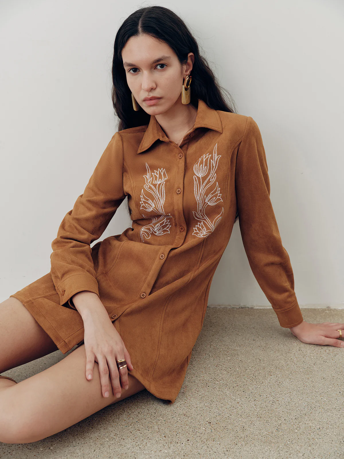 Suede Effect Floral Embroidery Shirt Dress - Wholesalesil