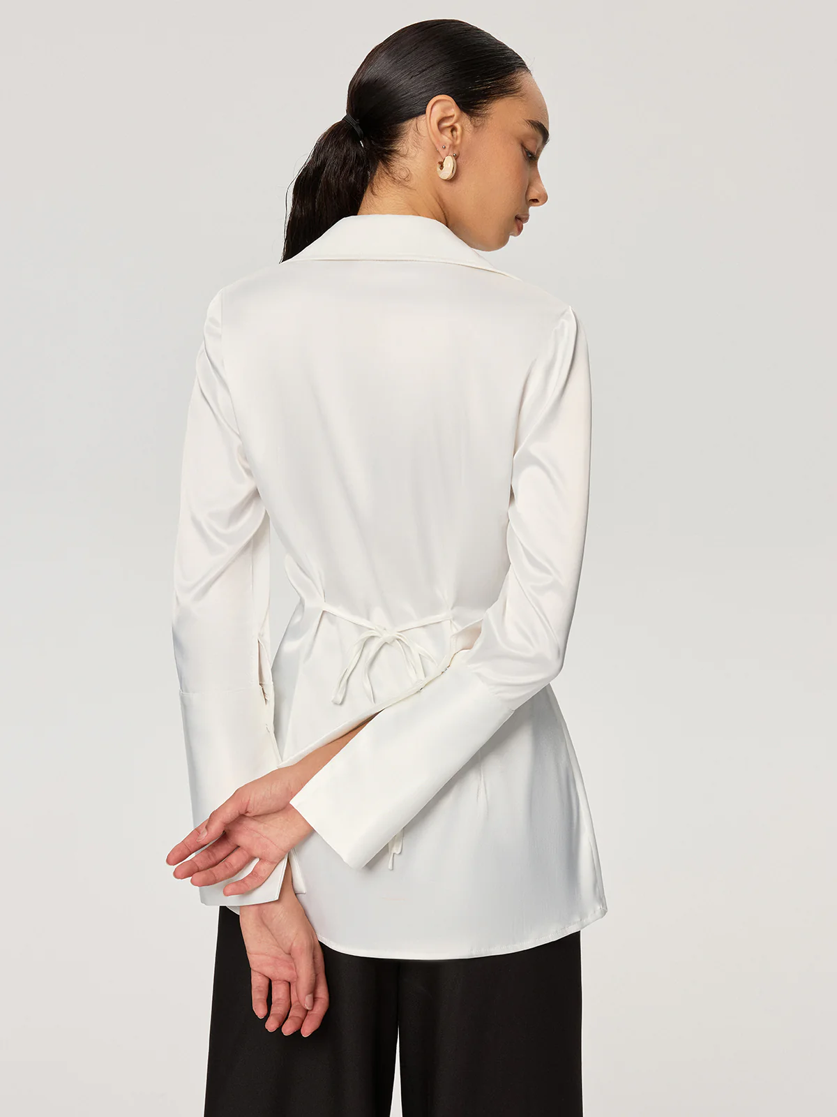 Metal Detail Cinching Satin V-Neck Blouse - Wholesalesil