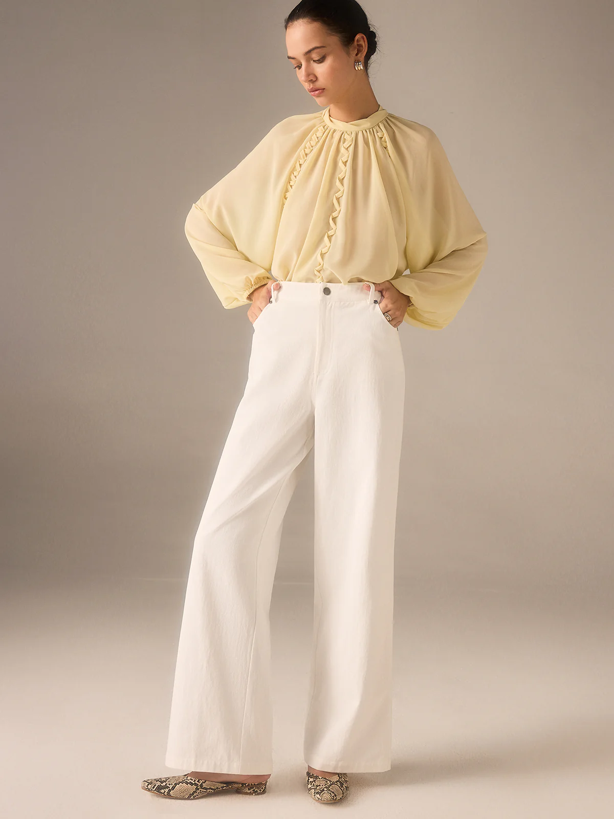 Cotton Twill Wide-Leg Pants with Metal Rivet Button - Wholesalesil