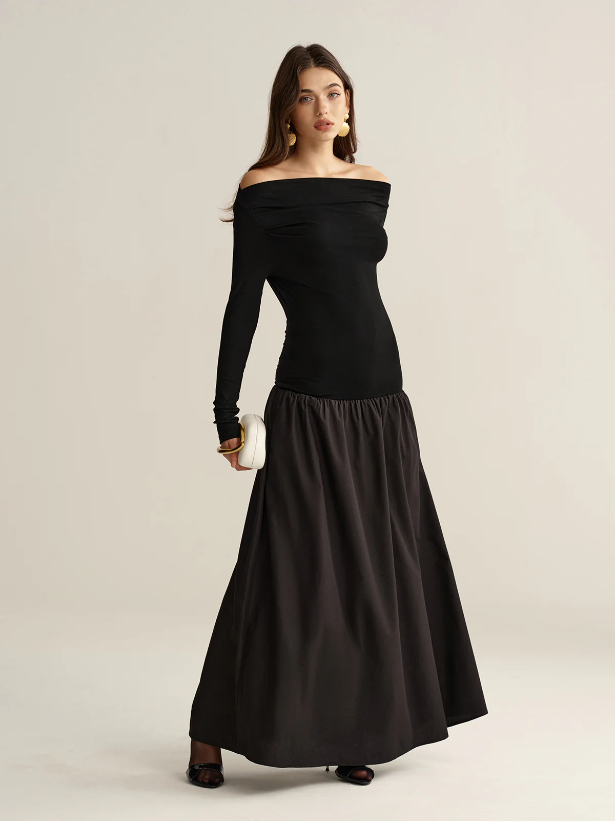 Off-Shoulder Long-Sleeve Maxi Dress - Wholesalesil