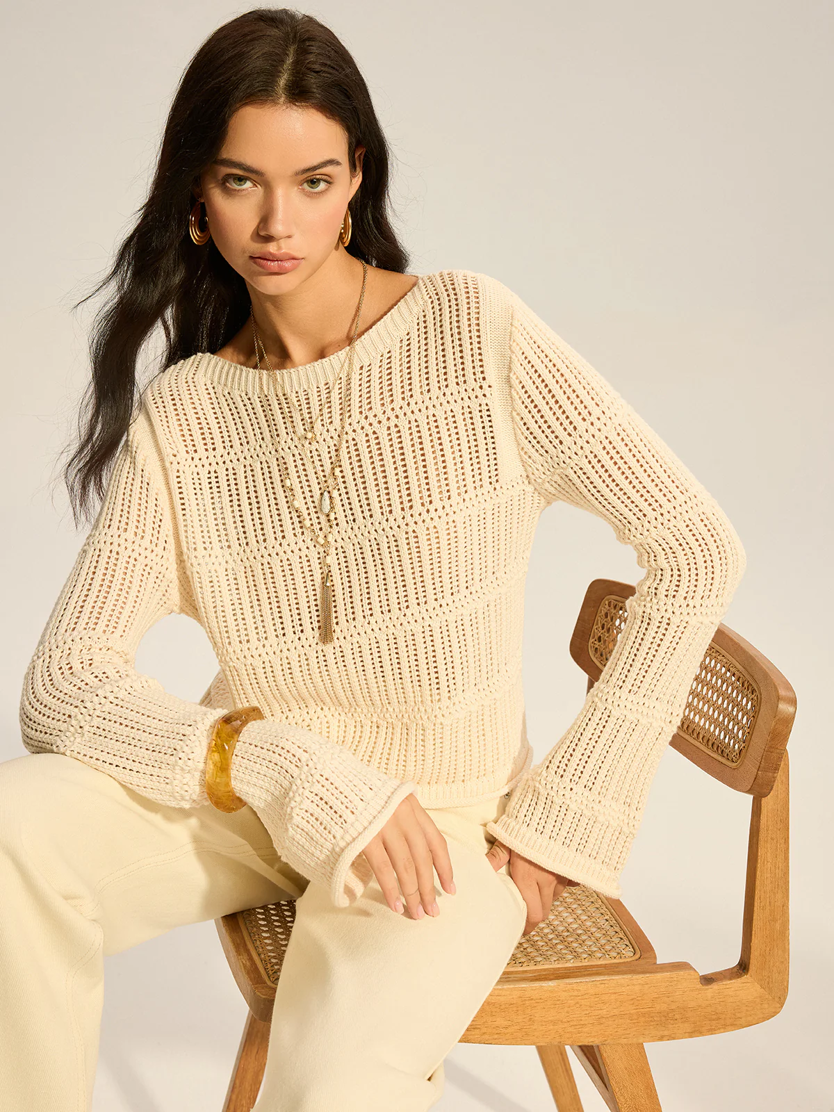 Mesh-Knit Long-Sleeve Sweater - Wholesalesil