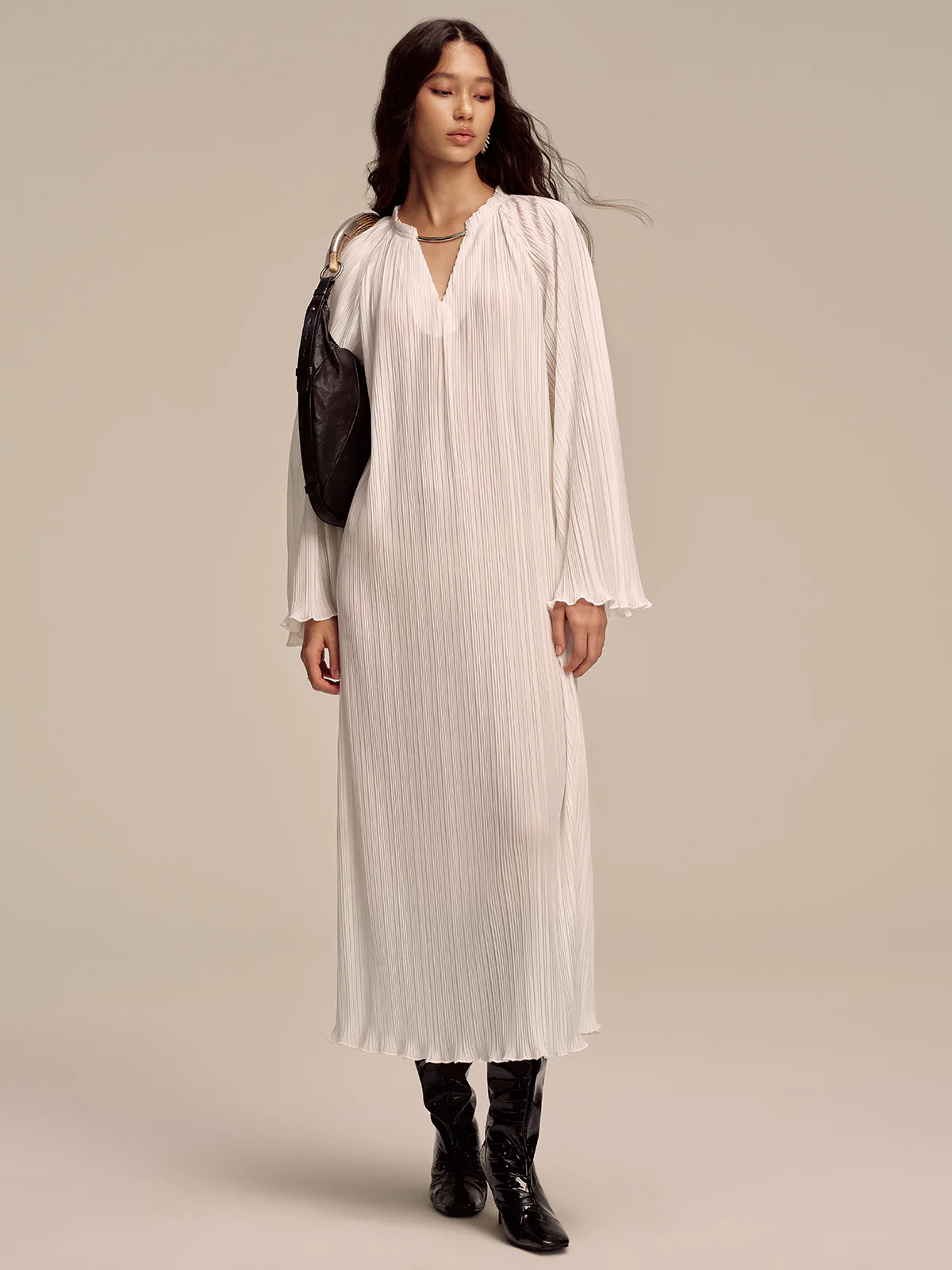 Metal Collar Pleated Long-Sleeve Maxi Dress - Wholesalesil