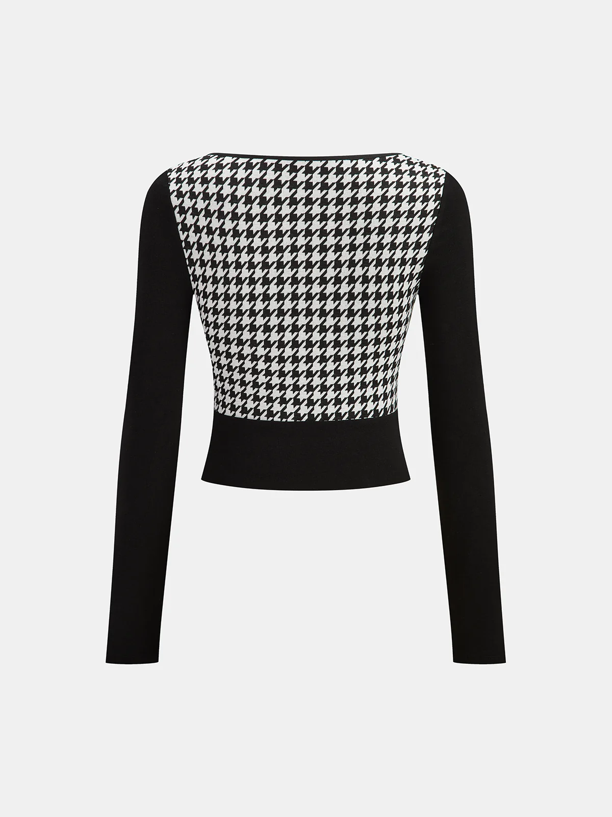 Houndstooth Paneled Cropped Knit Blouse - Wholesalesil