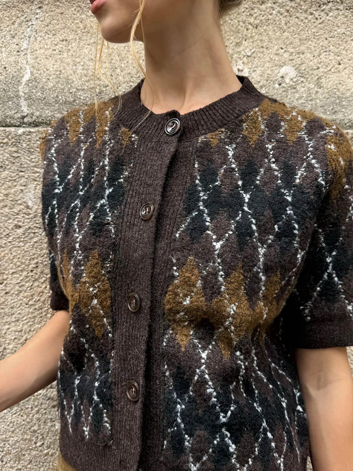 Argyle Pattern Short Sleeve Knit Cardigan - Wholesalesil