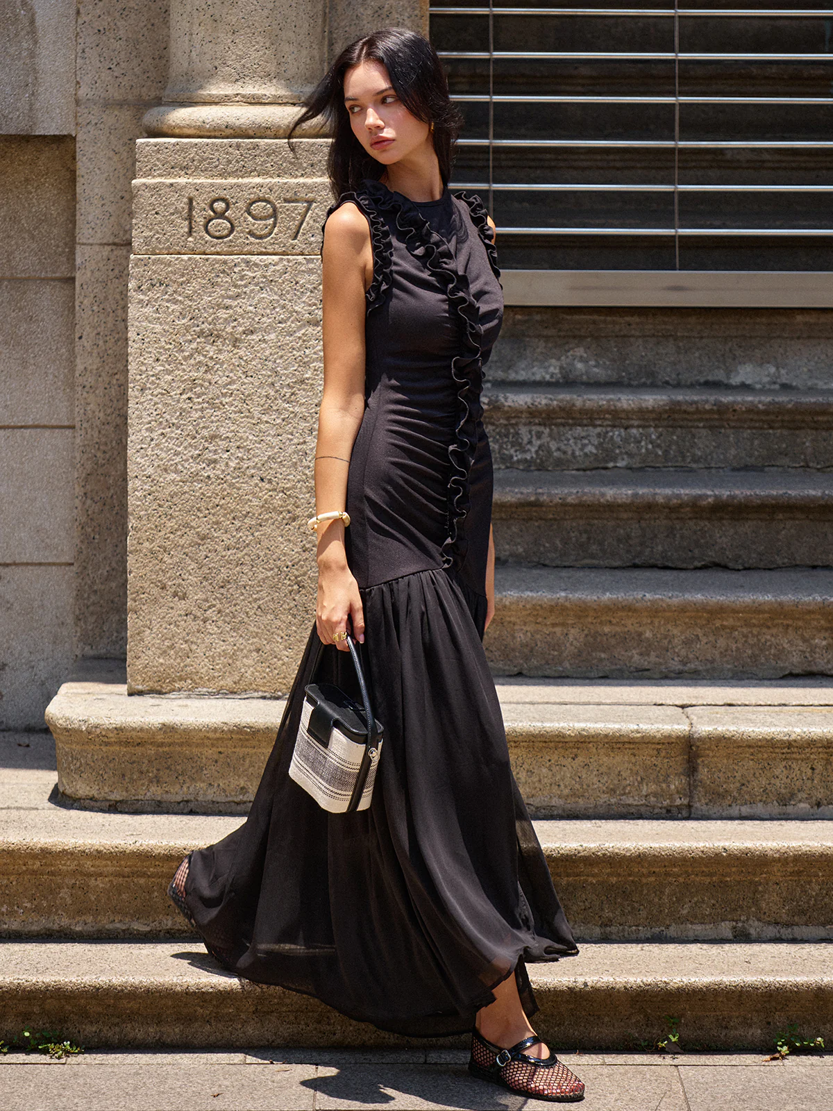 Ruffled Detail Ruched-Front Maxi Dress - Wholesalesil