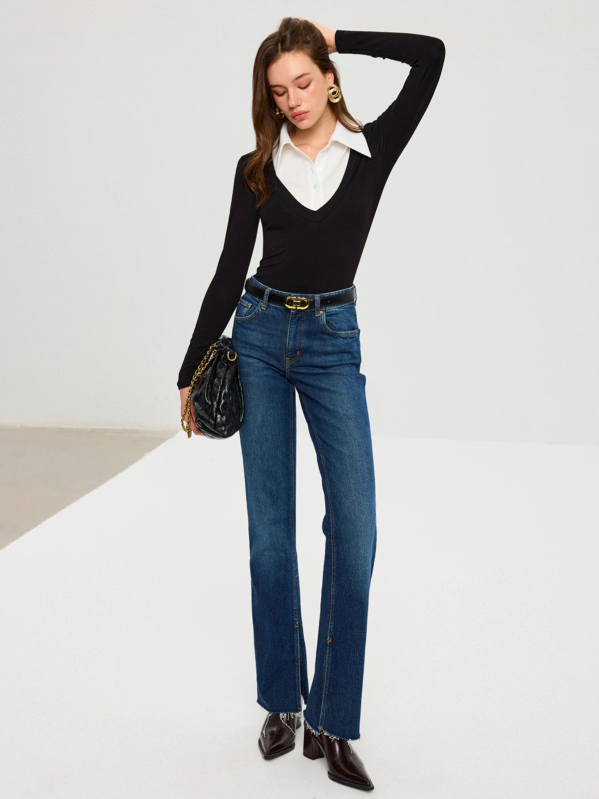 High-Stretch Contrast Shirt Collar Knit Bodysuit - Wholesalesil